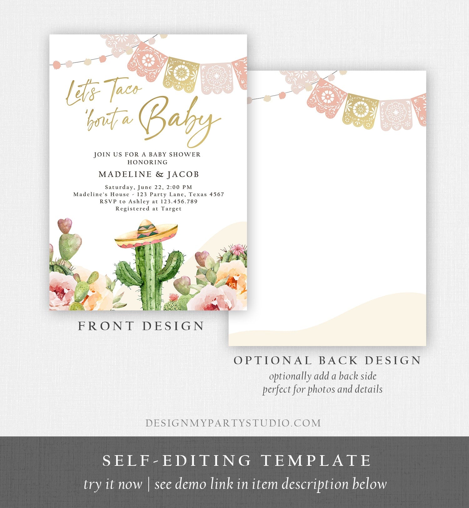 Editable Let's Taco Bout a Baby Shower Invitation Boho Cactus Mexican Fiesta Couples Shower Desert Watercolor Template Corjl Printable 0419