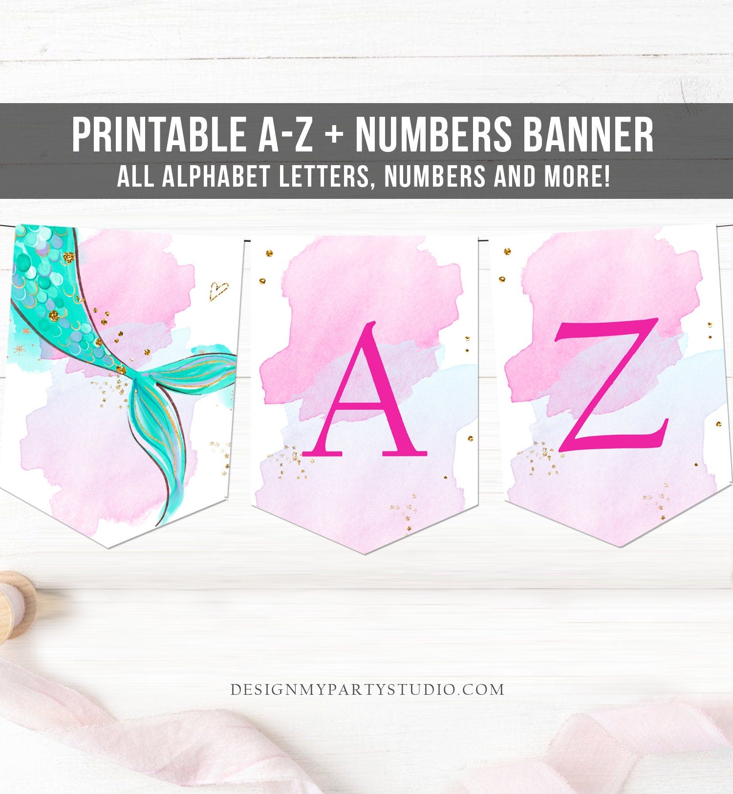 Mermaid Alphabet Banner Letters A to Z Numbers Mermaid Birthday Banner Girl Teal Green Pink Gold Party Decor Baby Shower DIY Printable 0403