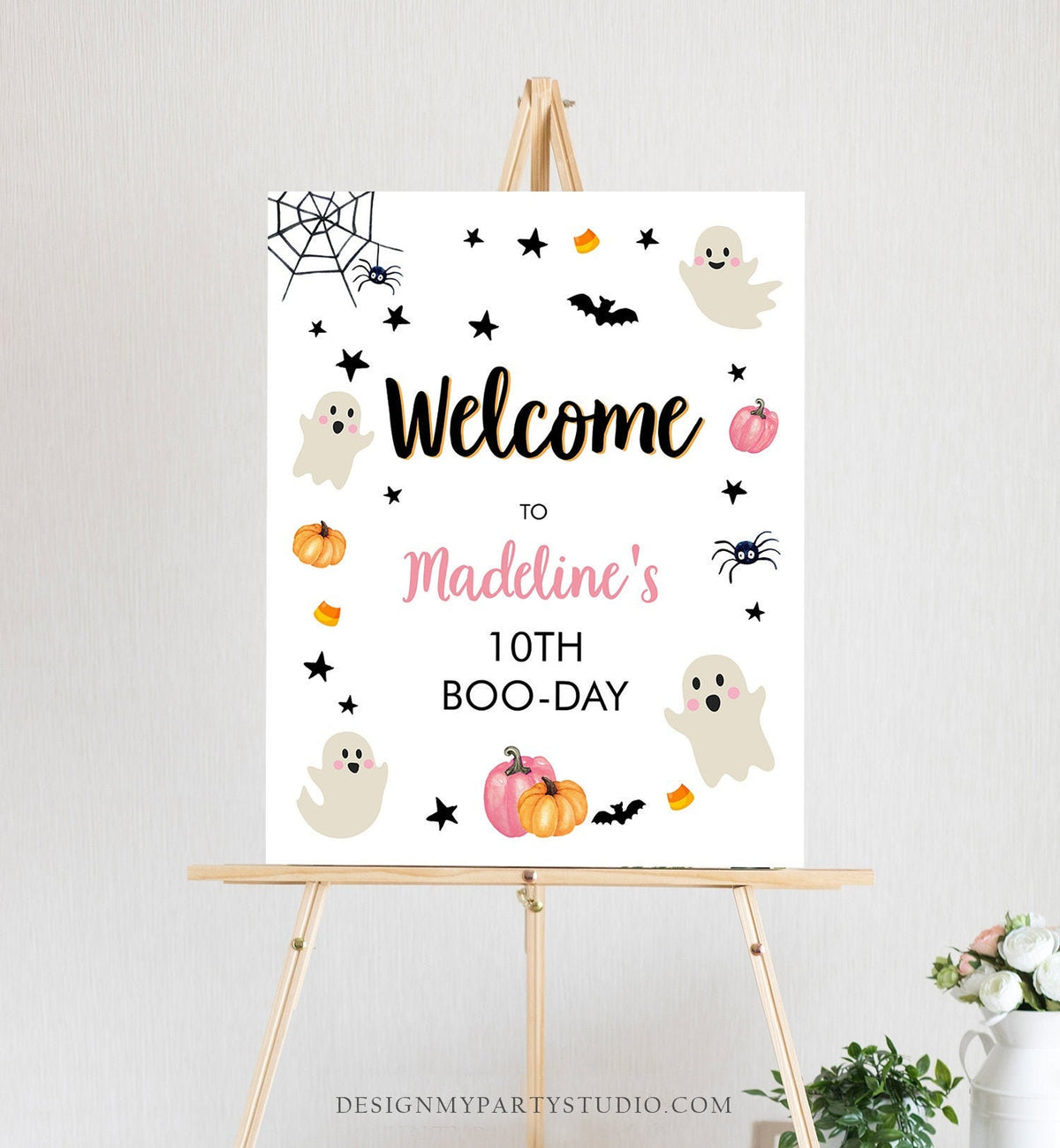 Editable Halloween Birthday Welcome Sign Halloween Party Welcome Halloween Birthday Pink Girl Costume Party Template PRINTABLE Corjl 0418