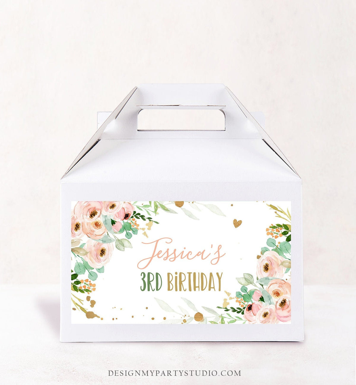 Editable Floral Gable Gift Box Label Onderful Birthday Girl Treat Box Label Pink Gold Wild One and Three Two Download Printable Corjl 0147