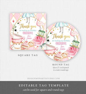 Editable Alice in Onederland Thank You Favor Tags Round Stickers Alice Birthday Tea Party Alice in Wonderland Printable Corjl Template 0350