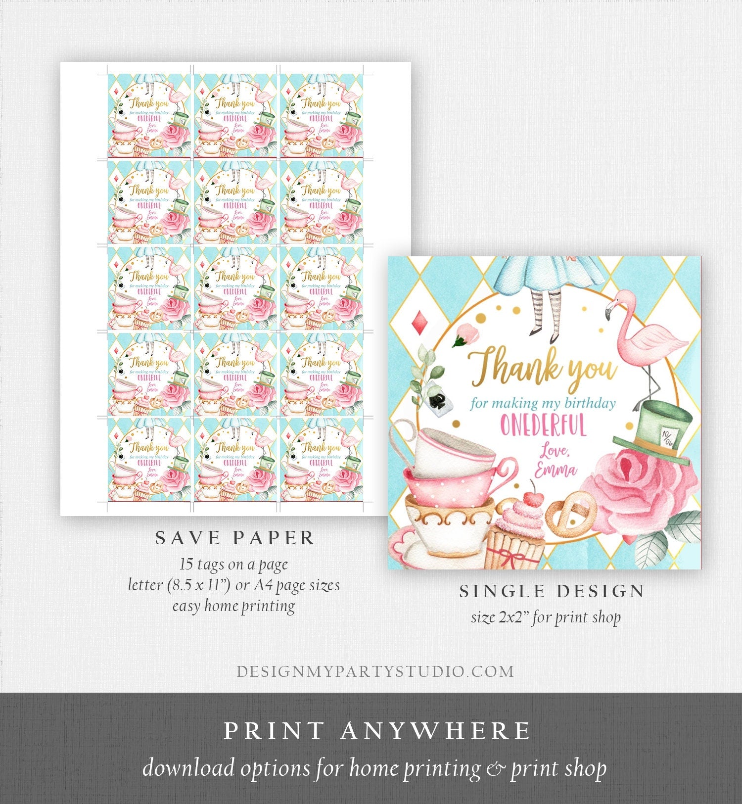 Editable Alice in Onederland Thank You Favor Tags Round Stickers Alice 1st Birthday Tea Party Alice Wonderland Printable Corjl Template 0350