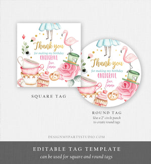 Editable Alice in Onederland Thank You Favor Tags Round Stickers Alice 1st Birthday Tea Party Alice Wonderland Printable Corjl Template 0350