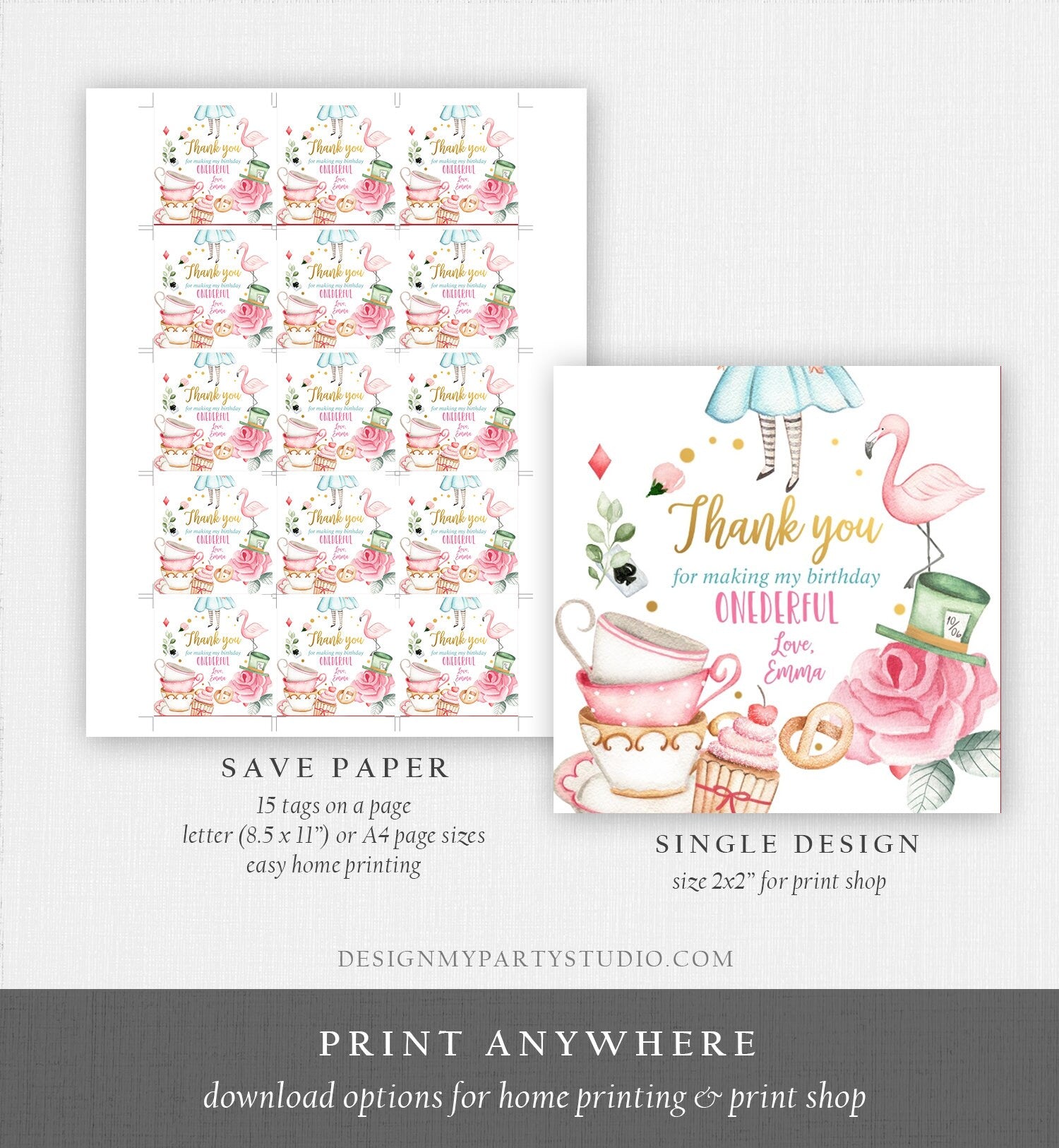 Editable Alice in Onederland Thank You Favor Tags Round Stickers Alice 1st Birthday Tea Party Alice Wonderland Printable Corjl Template 0350