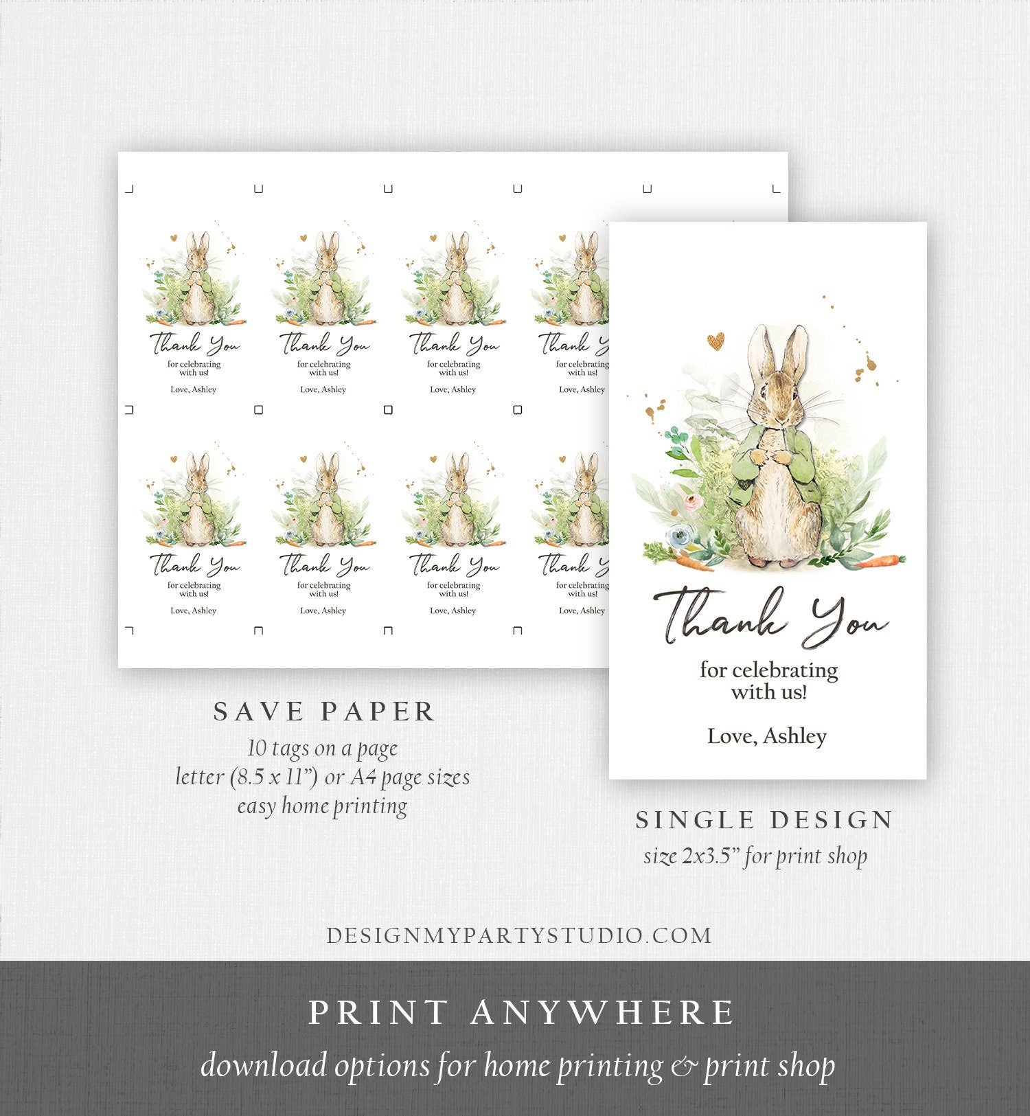 Editable Peter Rabbit Baby Shower Favor Tags Bunny Thank you Tags Gender Neutral Labels Watercolor Printable Download Corjl Template 0351