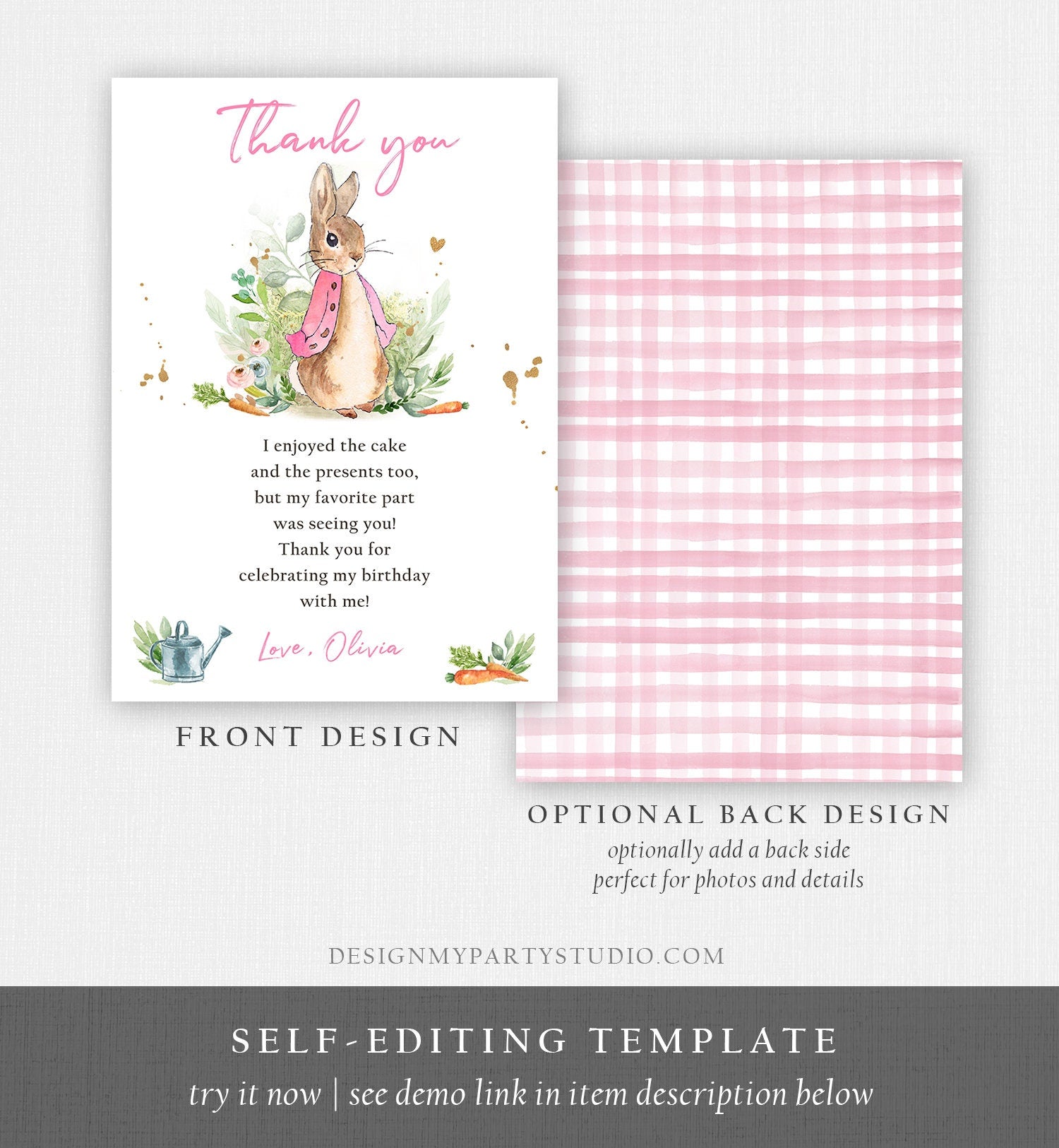 Editable Flopsy Rabbit Birthday Thank You Card Girl Pink Baby Shower Rustic Peter Rabbit Spring Bunny Digital Corjl Template Printable 0351