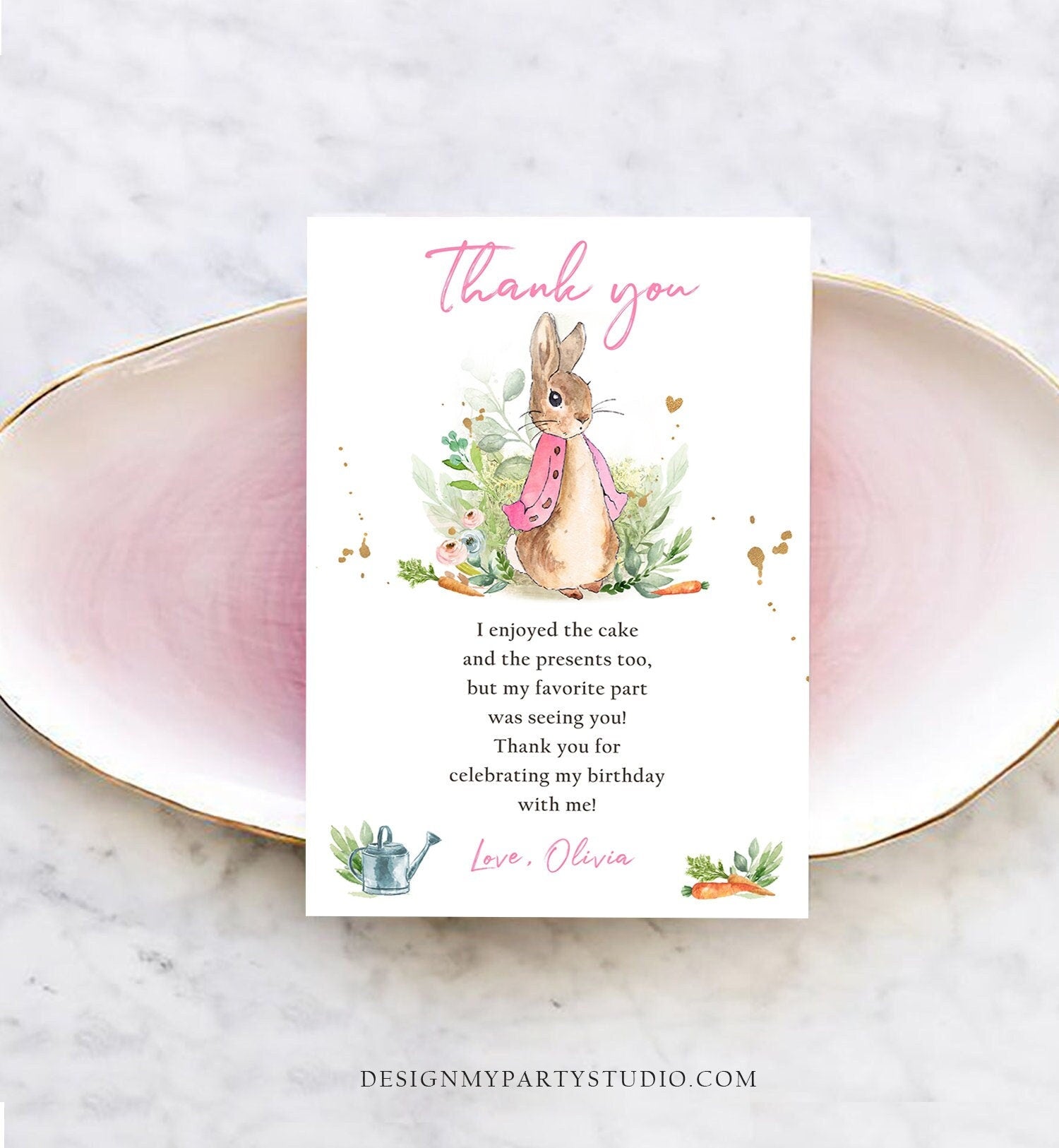 Editable Flopsy Rabbit Birthday Thank You Card Girl Pink Baby Shower Rustic Peter Rabbit Spring Bunny Digital Corjl Template Printable 0351