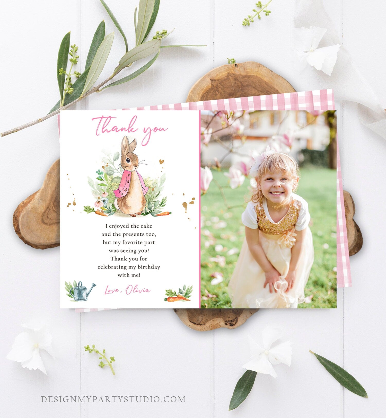 Editable Flopsy Rabbit Birthday Thank You Card Girl Pink Baby Shower Rustic Peter Rabbit Spring Bunny Digital Corjl Template Printable 0351