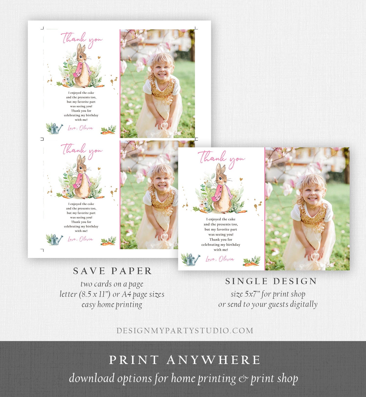 Editable Flopsy Rabbit Birthday Thank You Card Girl Pink Baby Shower Rustic Peter Rabbit Spring Bunny Digital Corjl Template Printable 0351