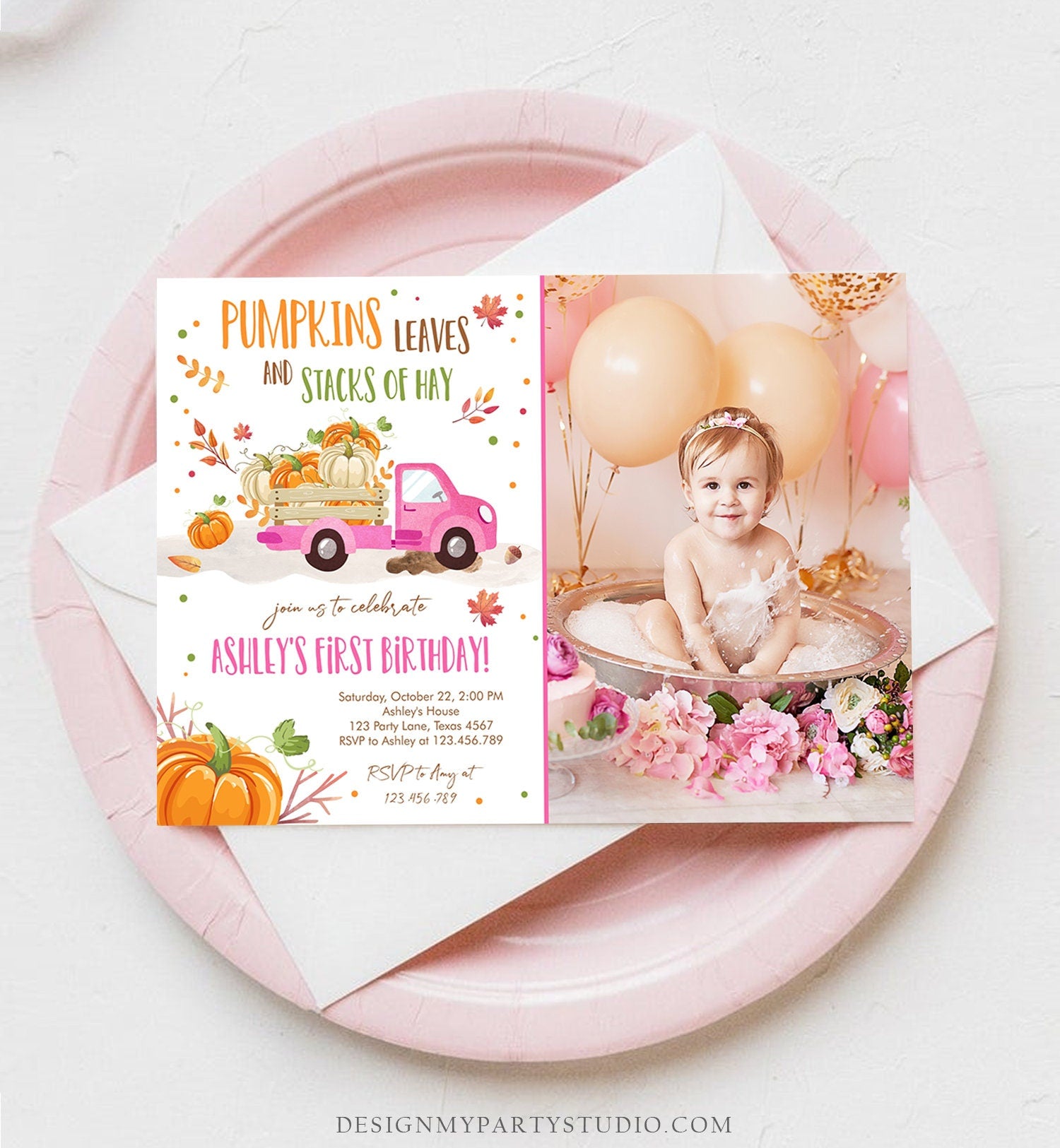 Editable Little Pumpkin Truck Birthday Invitation Pink Girl First Birthday Party Leaves Fall Orange Download Corjl Template Printable 0153