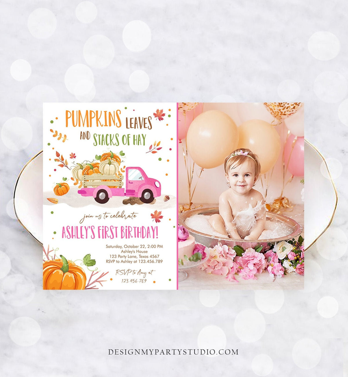 Editable Little Pumpkin Truck Birthday Invitation Pink Girl First Birthday Party Leaves Fall Orange Download Corjl Template Printable 0153