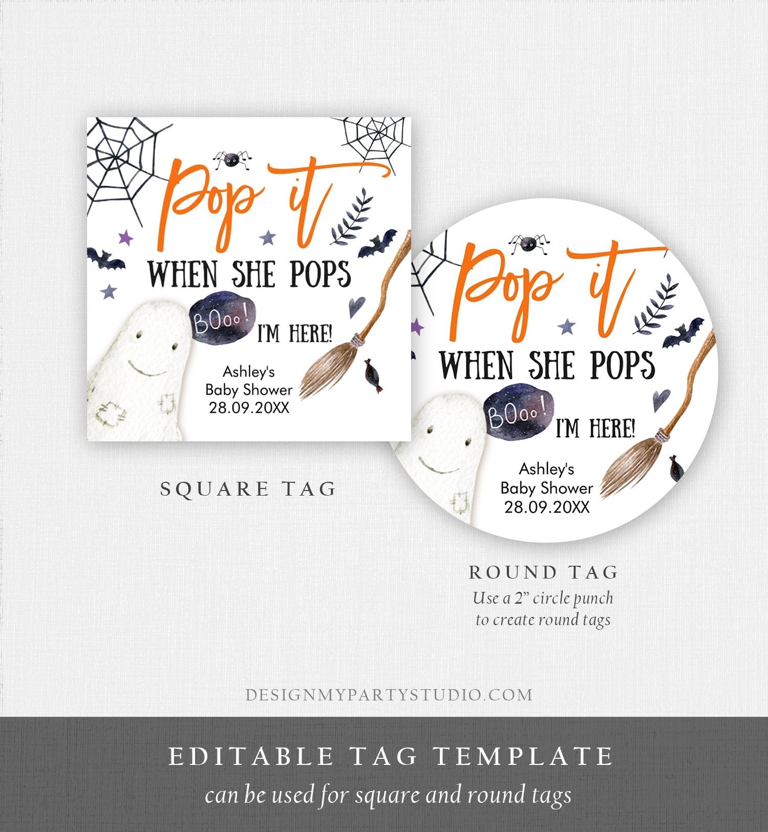 Editable Pop It When She Pops Tags Halloween Baby Shower Peek a Boo Tag Stickers Champagne Favor Labels Ready to Pop Template Corjl 0199