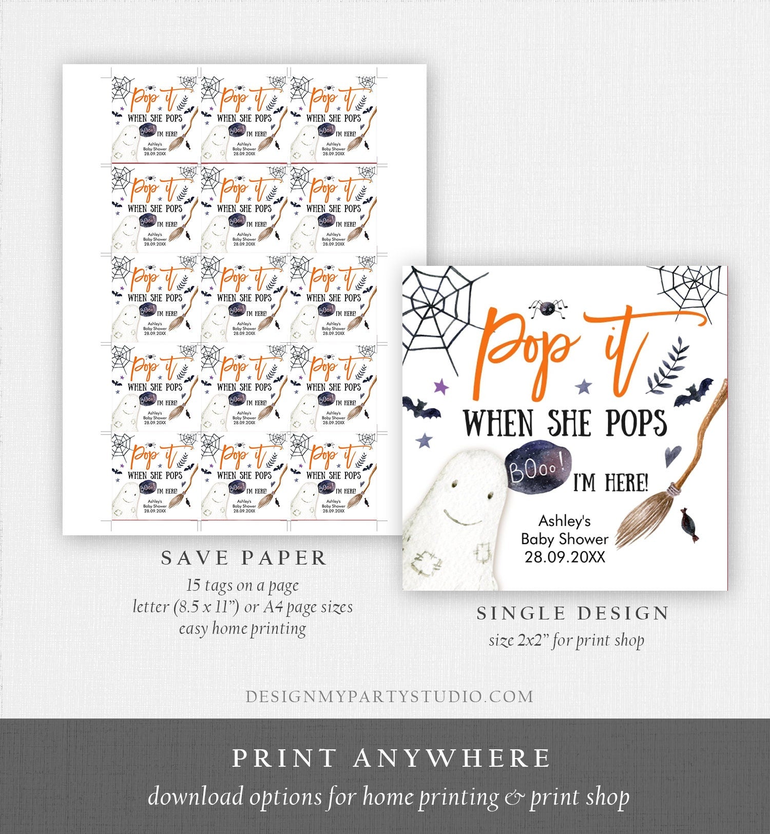 Editable Pop It When She Pops Tags Halloween Baby Shower Peek a Boo Tag Stickers Champagne Favor Labels Ready to Pop Template Corjl 0199