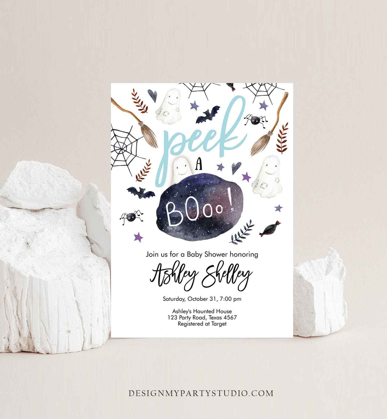 Editable Peek A Boo Baby Shower Invitation Cute Halloween Baby Shower Boy Blue Rustic Couples Shower Invite Printable Template Corjl 0199