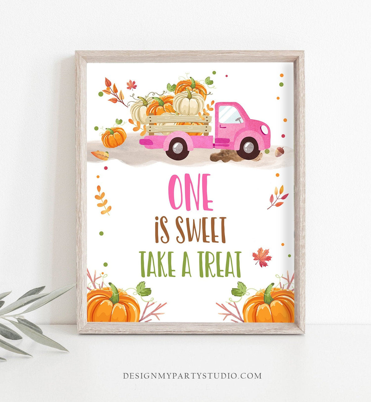 One is Sweet Take a Treat Sign Little Pumpkin Truck Girl Birthday Table Sign Pink Leaves Fall Party Autumn Pumpkin Download PRINTABLE 0153