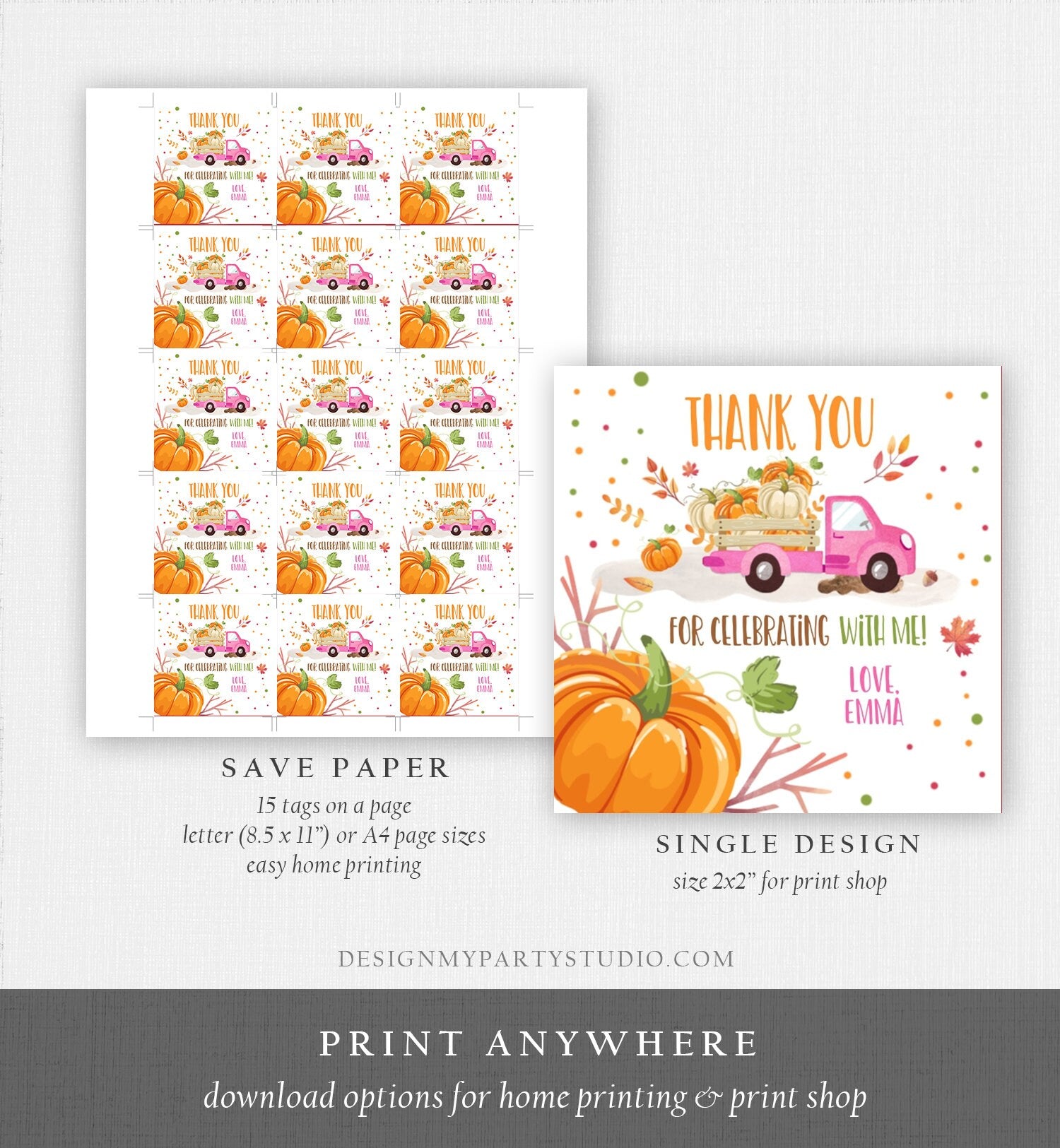 Editable Little Pumpkin Truck Favor Tag Girl Birthday Pumpkin Truck Thank You Sticker Label Fall Autumn Corjl Template Printable 0153