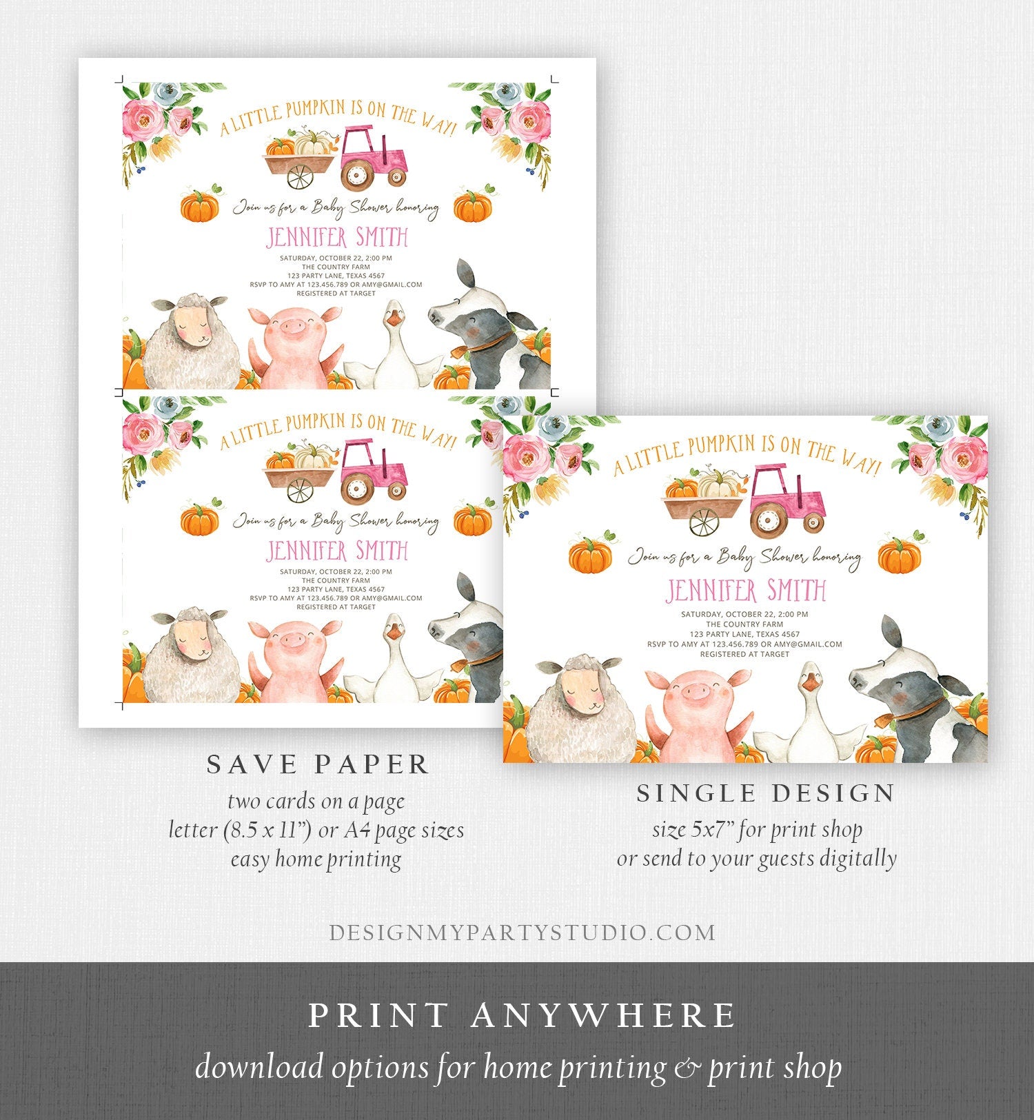 Editable Farm Baby Shower Invitation Pumpkin Girl Farm Animals Pink Barnyard Fall Sprinkle Digital Download Corjl Template Printable 0155