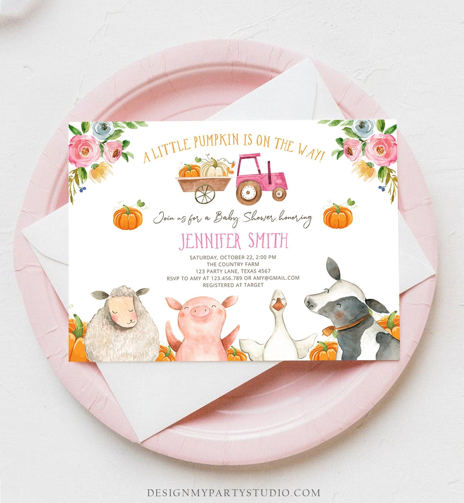 Editable Farm Baby Shower Invitation Pumpkin Girl Farm Animals Pink Barnyard Fall Sprinkle Digital Download Corjl Template Printable 0155