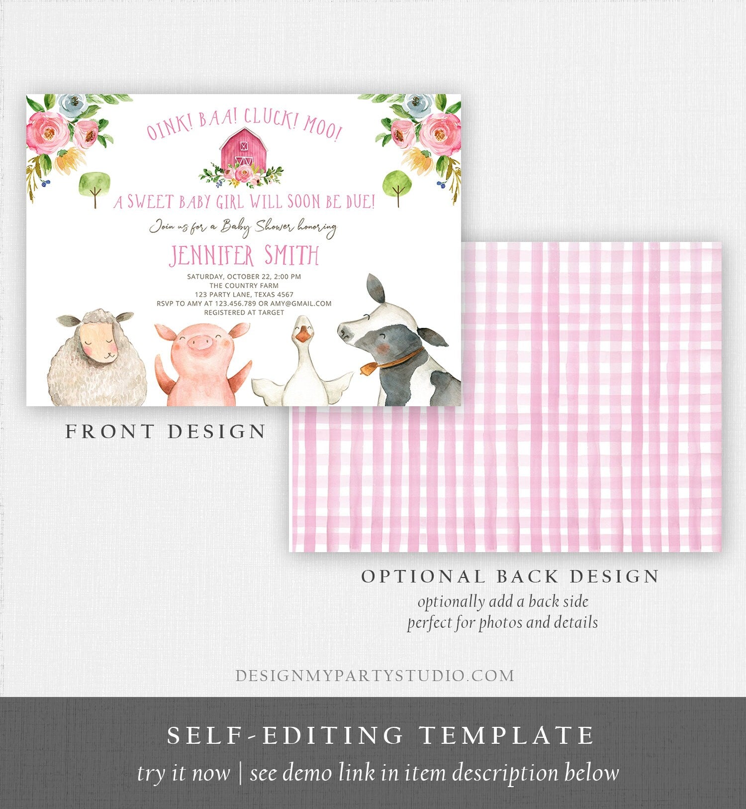 Editable Farm Baby Shower Invitation Girl Farm Animals Pink Barnyard Sprinkle Watercolor Digital Download Corjl Template Printable 0155