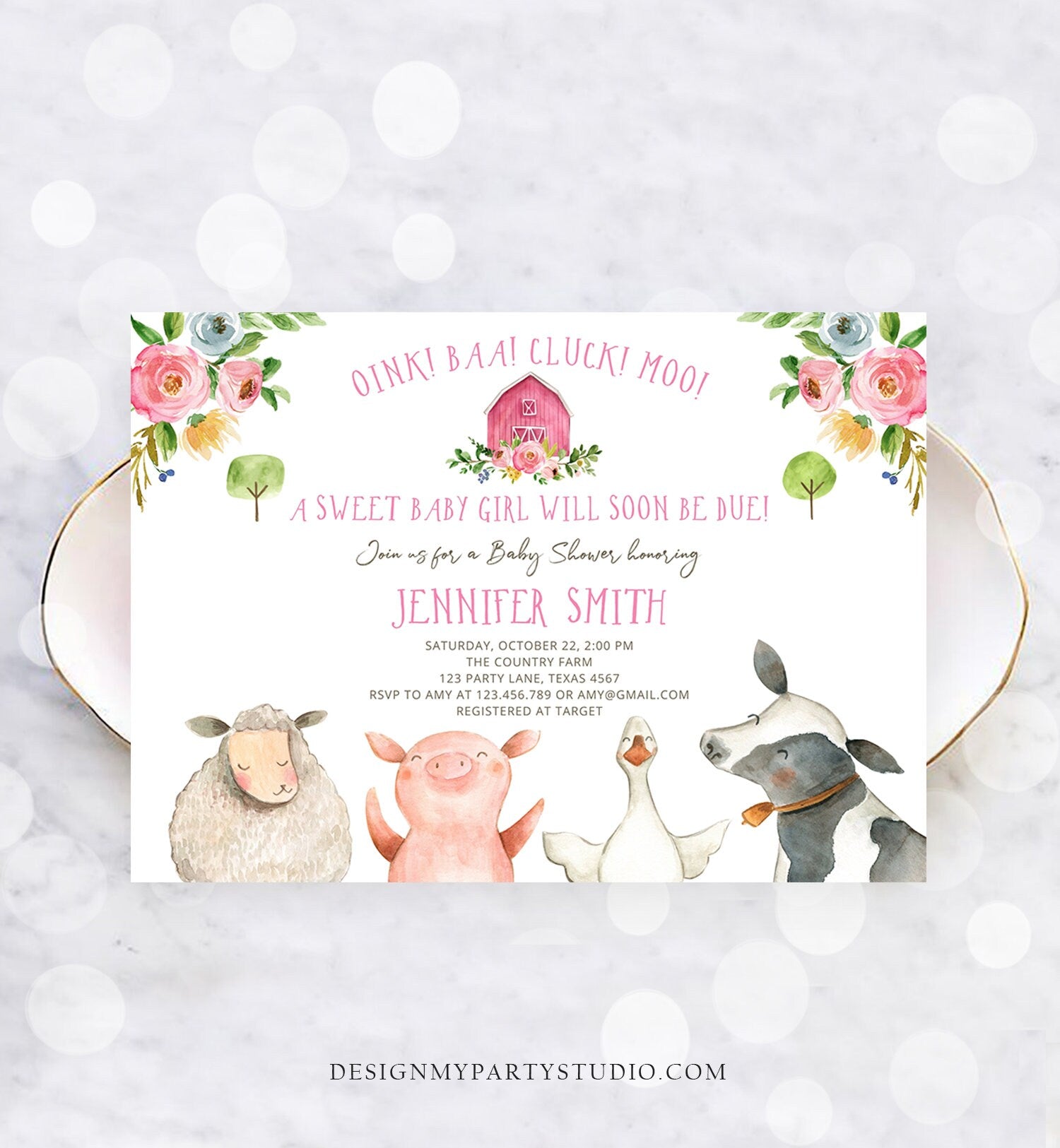 Editable Farm Baby Shower Invitation Girl Farm Animals Pink Barnyard Sprinkle Watercolor Digital Download Corjl Template Printable 0155