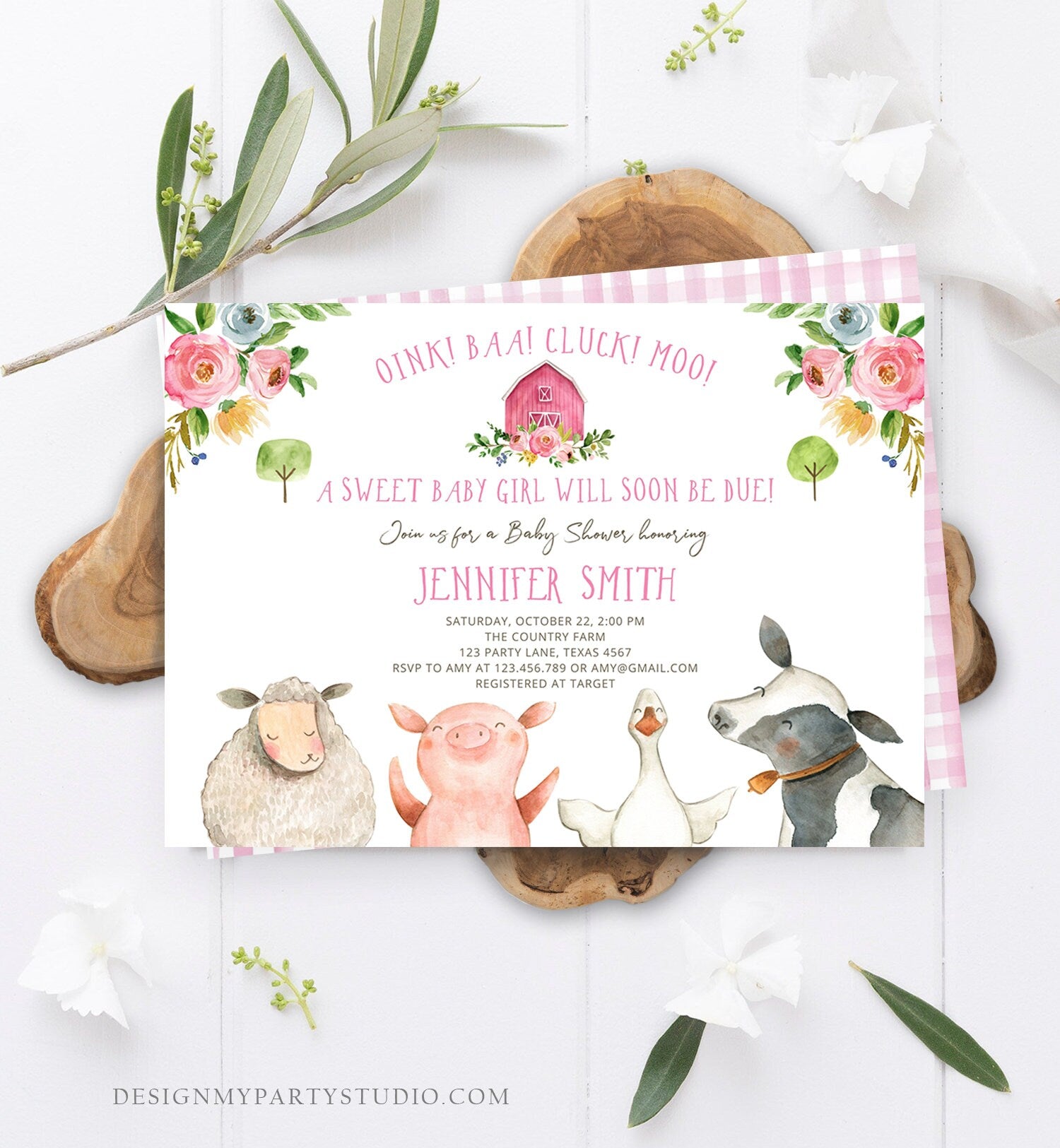 Editable Farm Baby Shower Invitation Girl Farm Animals Pink Barnyard Sprinkle Watercolor Digital Download Corjl Template Printable 0155