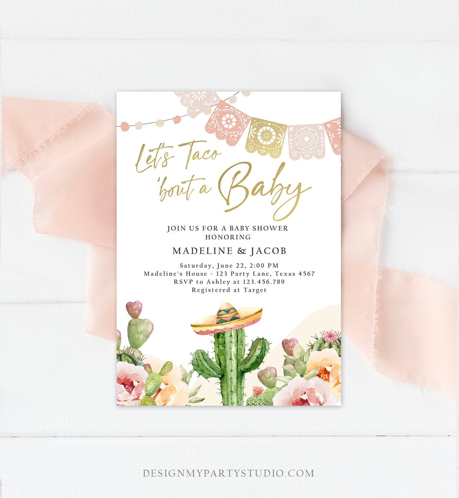 Editable Let's Taco Bout a Baby Shower Invitation Boho Cactus Mexican Fiesta Couples Shower Desert Watercolor Template Corjl Printable 0419