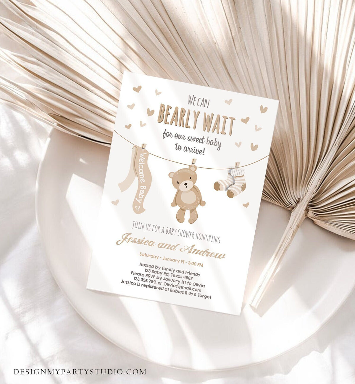 Editable Teddy Bear Baby Shower Invitation Gender Neutral We Can Bearly Wait Couples Shower Invite Template Instant Download Corjl 0025