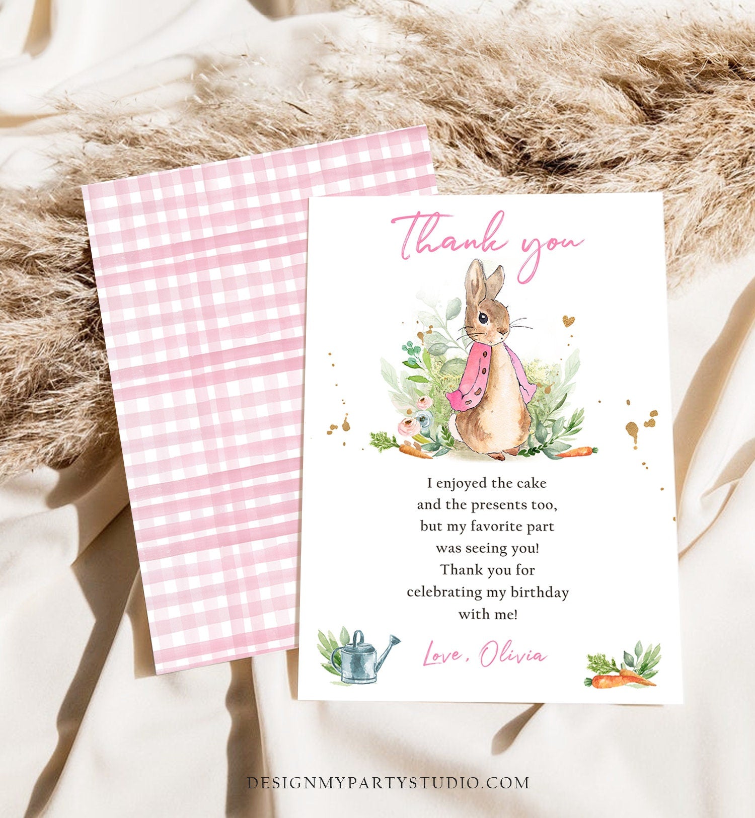 Editable Flopsy Rabbit Birthday Thank You Card Girl Pink Baby Shower Rustic Peter Rabbit Spring Bunny Digital Corjl Template Printable 0351