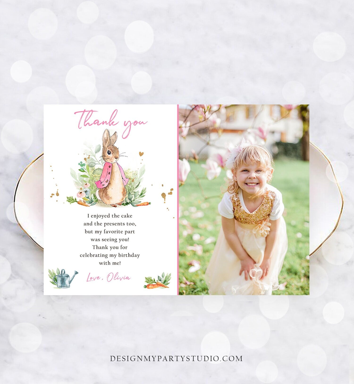 Editable Flopsy Rabbit Birthday Thank You Card Girl Pink Baby Shower Rustic Peter Rabbit Spring Bunny Digital Corjl Template Printable 0351