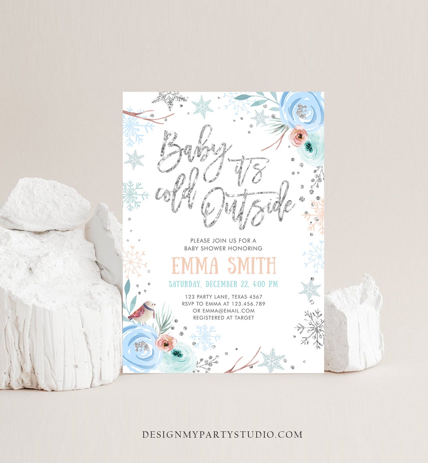 Editable Baby It's Cold Outside Winter Baby Shower Invitation Snowflakes Gender Neutral Boy Blue Template Instant Download Corjl 0256