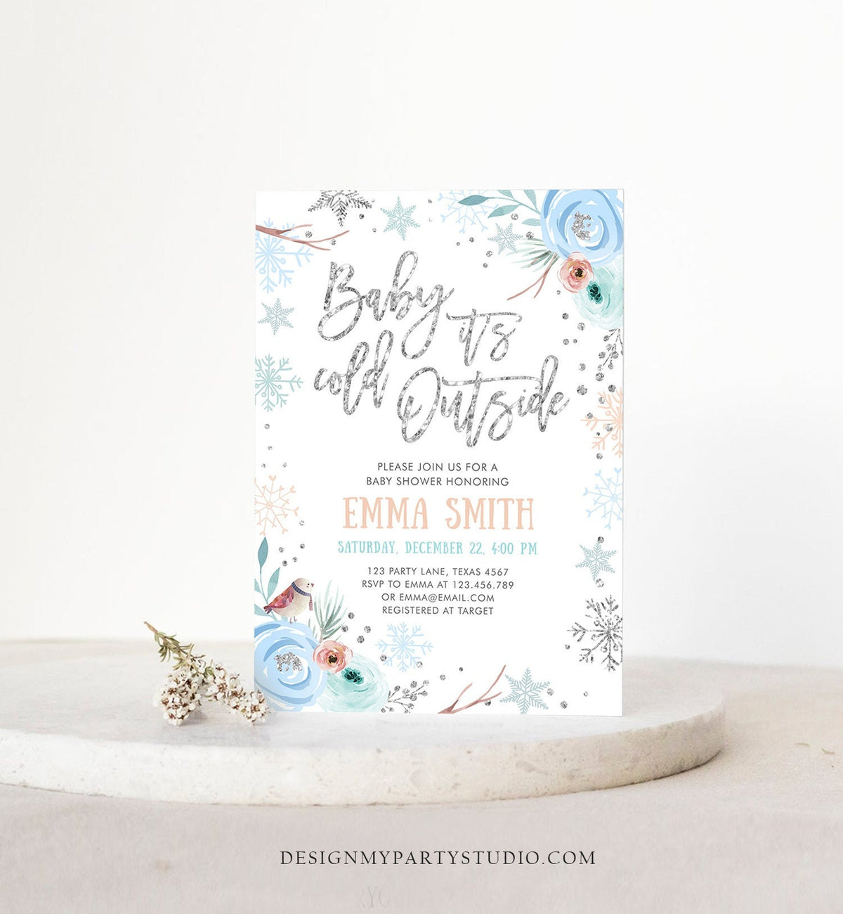 Editable Baby It&#39;s Cold Outside Winter Baby Shower Invitation Snowflakes Gender Neutral Boy Blue Template Instant Download Corjl 0256