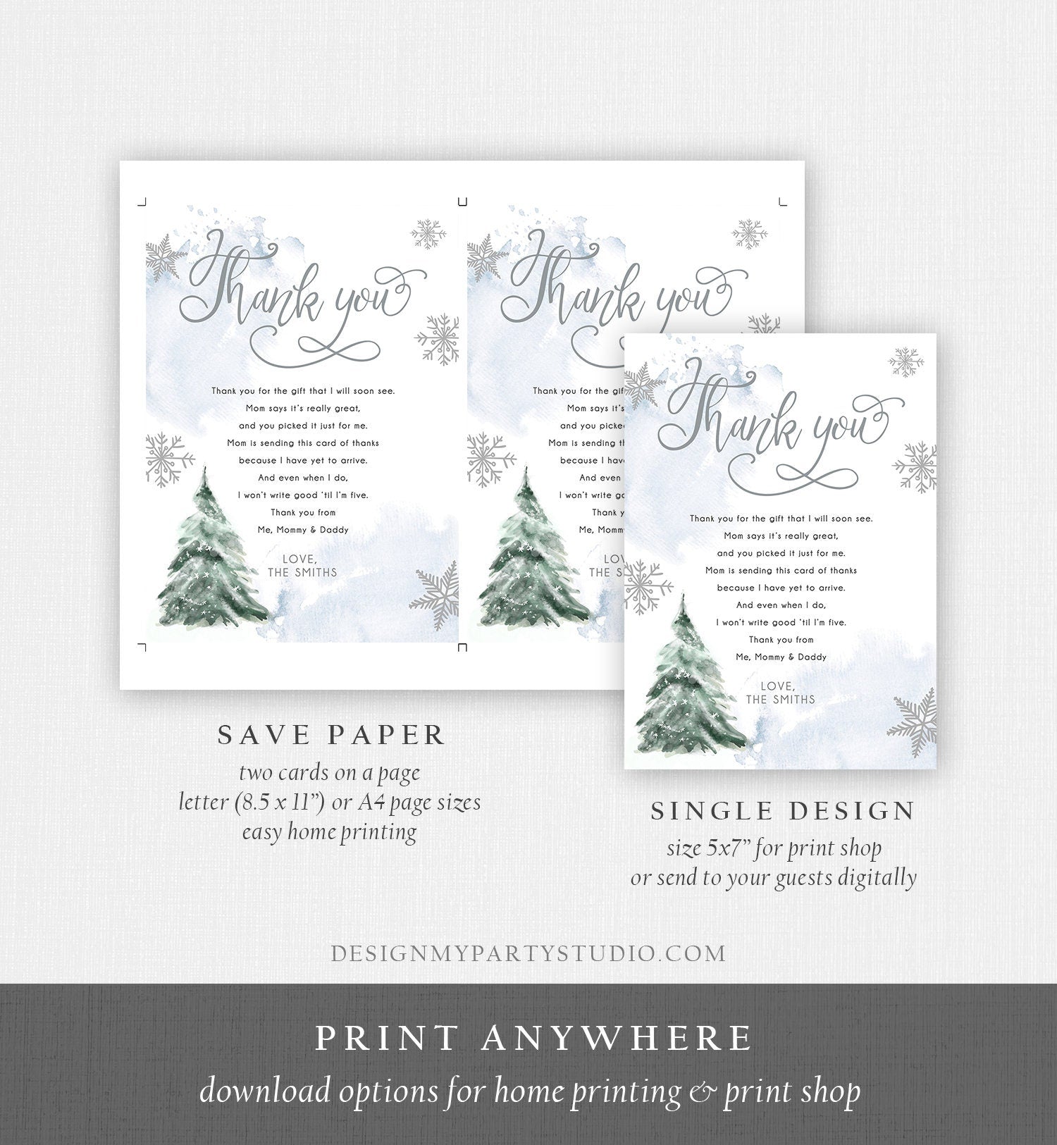 Editable Winter Tree Thank You Card Watercolor Baby Its Cold Outside Baby Shower Blue Boy Gender Neutral Snow Template Download Corjl 0363