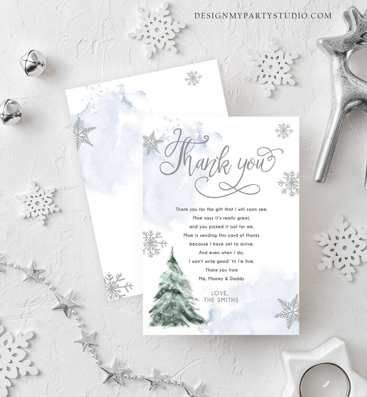 Editable Winter Tree Thank You Card Watercolor Baby Its Cold Outside Baby Shower Blue Boy Gender Neutral Snow Template Download Corjl 0363