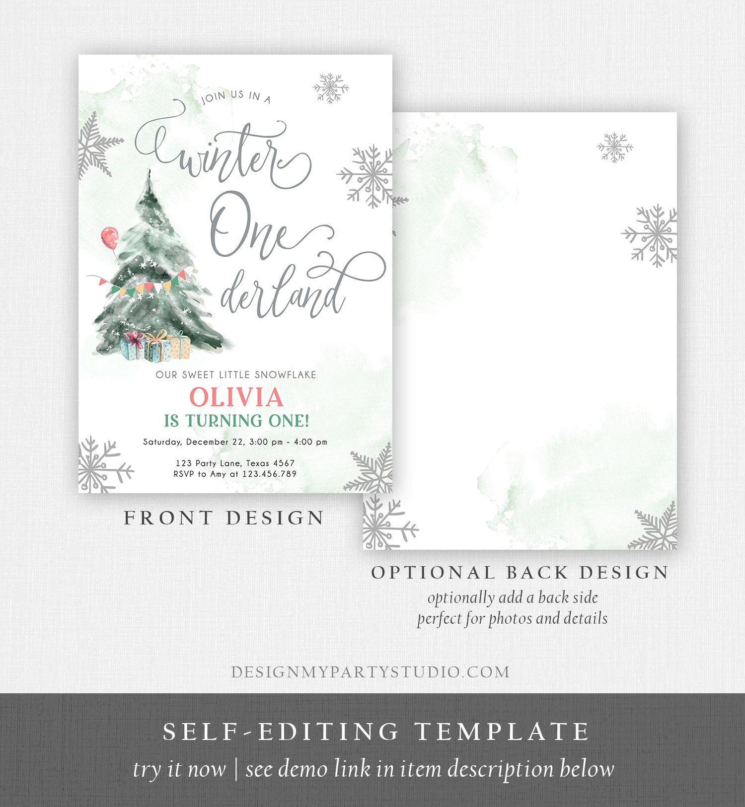 Editable Winter ONEderland Birthday Invitation First Birthday Boy Girl Neutral Snow Watercolor Tree Christmas Snowflake Corjl Template 0363