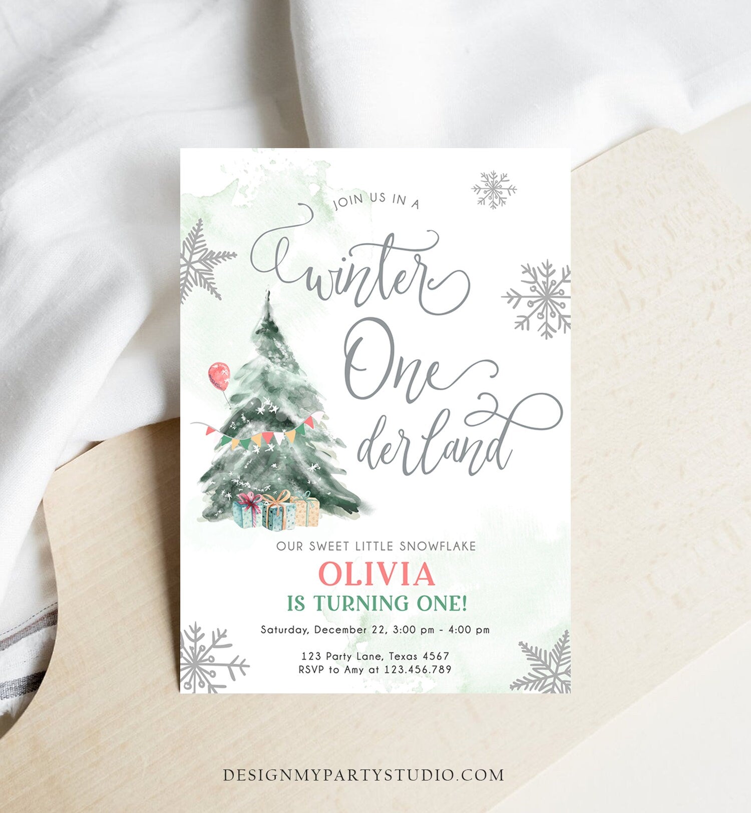 Editable Winter ONEderland Birthday Invitation First Birthday Boy Girl Neutral Snow Watercolor Tree Christmas Snowflake Corjl Template 0363