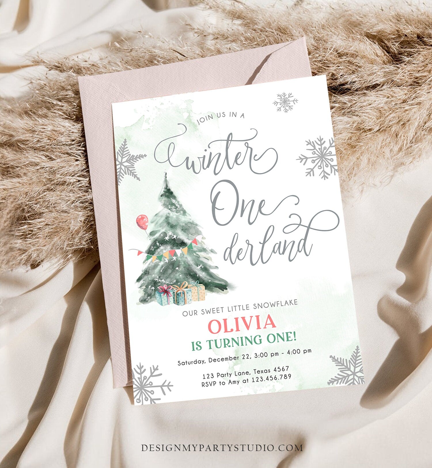 Editable Winter ONEderland Birthday Invitation First Birthday Boy Girl Neutral Snow Watercolor Tree Christmas Snowflake Corjl Template 0363