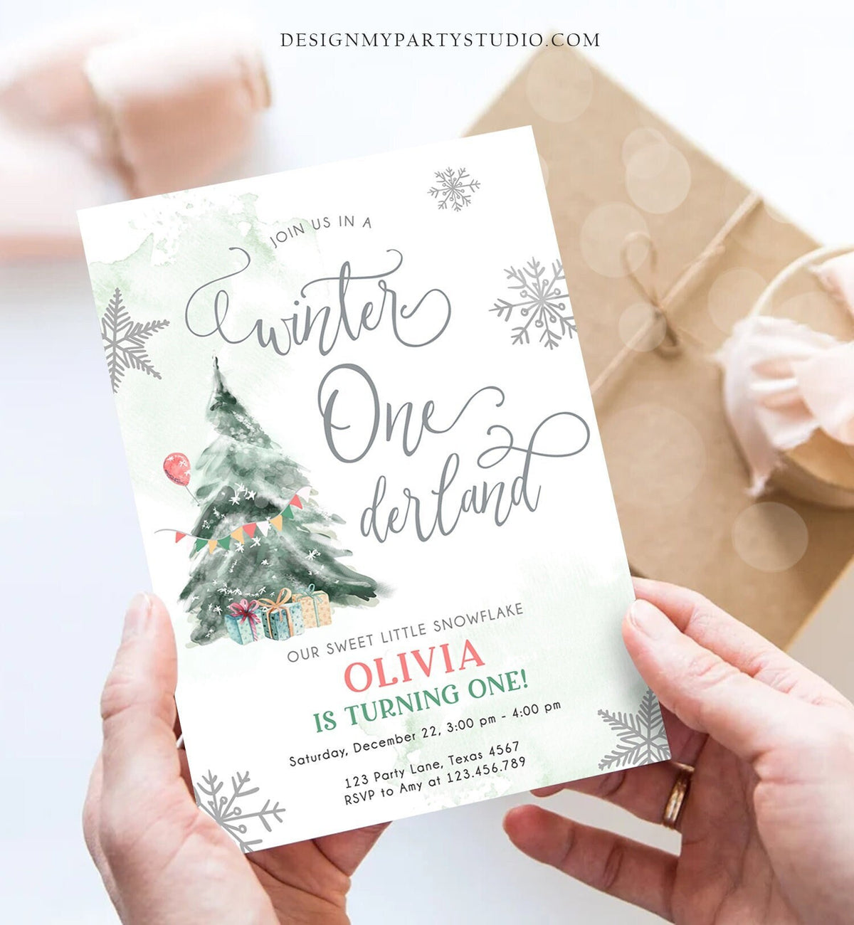 Editable Winter ONEderland Birthday Invitation First Birthday Boy Girl Neutral Snow Watercolor Tree Christmas Snowflake Corjl Template 0363