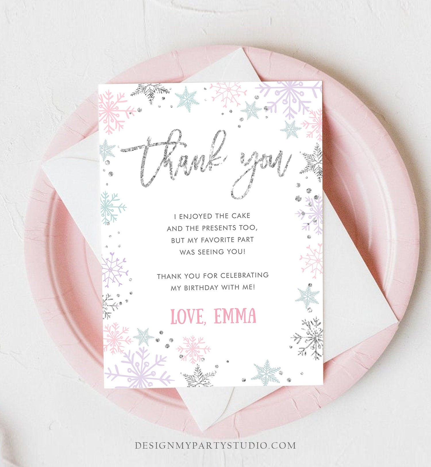 Editable Winter Onederland Thank You Card Snowflake First Birthday Thank You Note Pink Girl Silver Corjl Digital Template Printable 0256