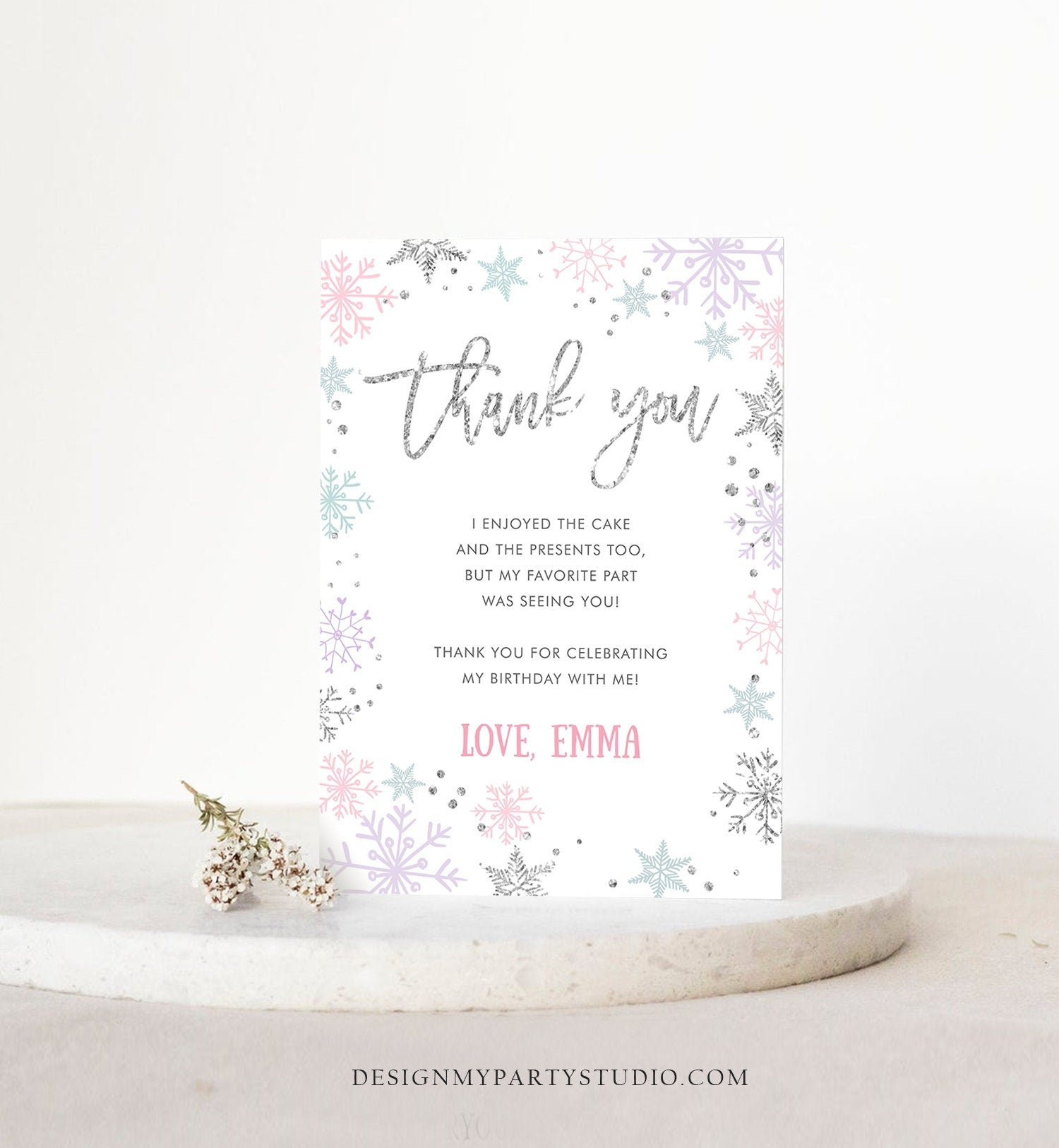 Editable Winter Onederland Thank You Card Snowflake First Birthday Thank You Note Pink Girl Silver Corjl Digital Template Printable 0256