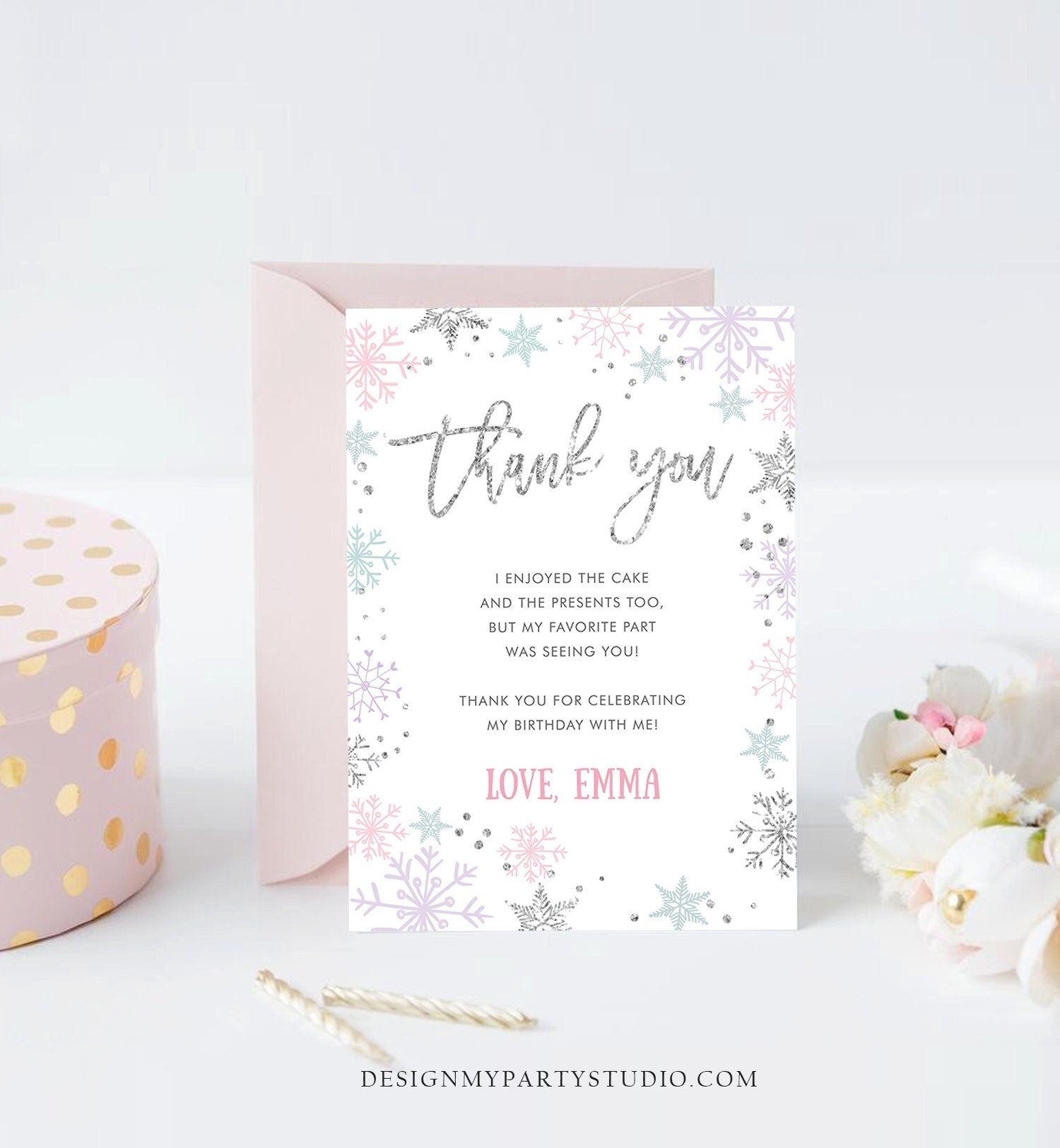 Editable Winter Onederland Thank You Card Snowflake First Birthday Thank You Note Pink Girl Silver Corjl Digital Template Printable 0256