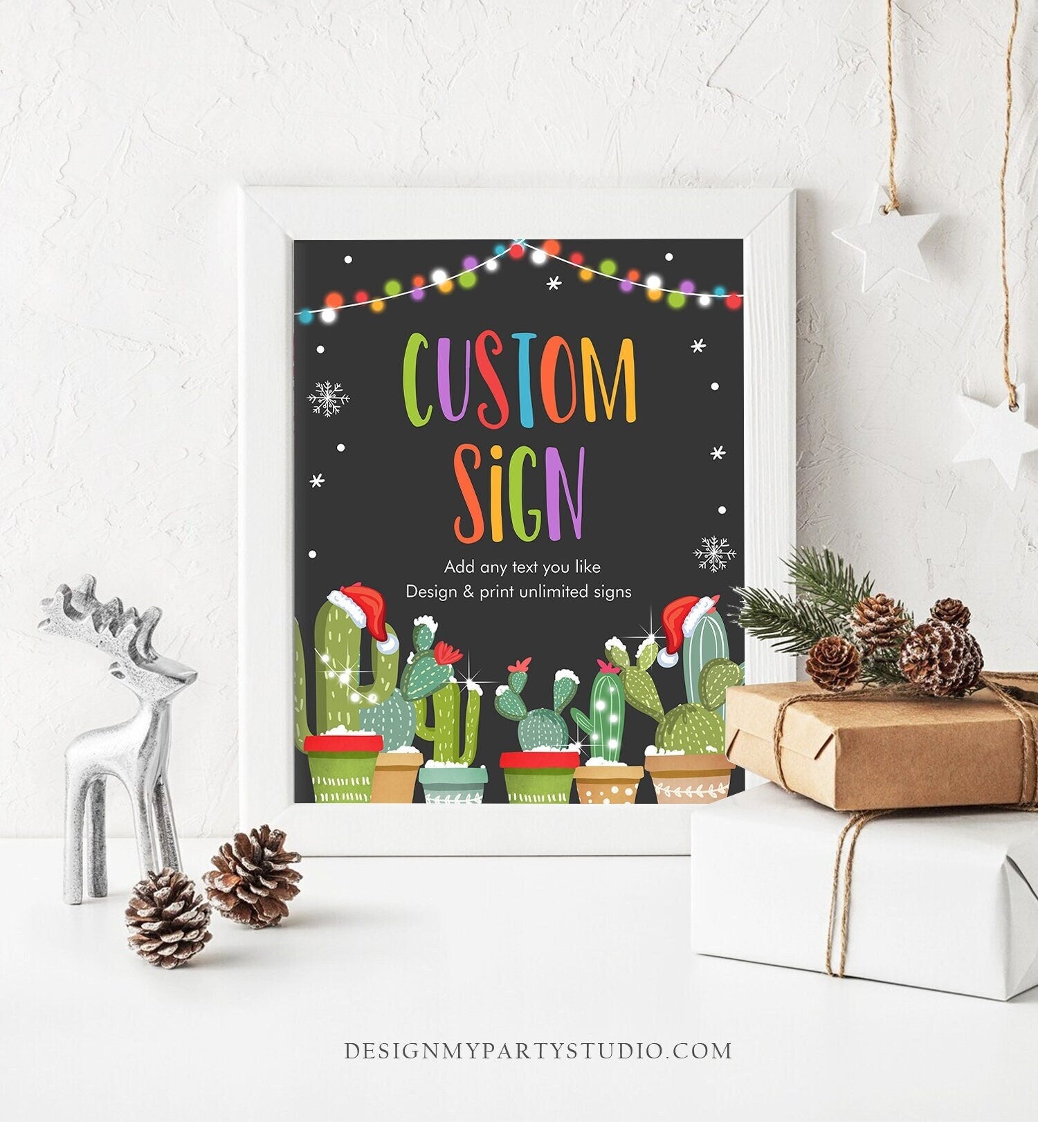 Editable Custom Sign Fiesta Christmas Party Mexican Holiday Cactus Santa Hat Table Sign Decoration 8x10 Corjl Template PRINTABLE 0273