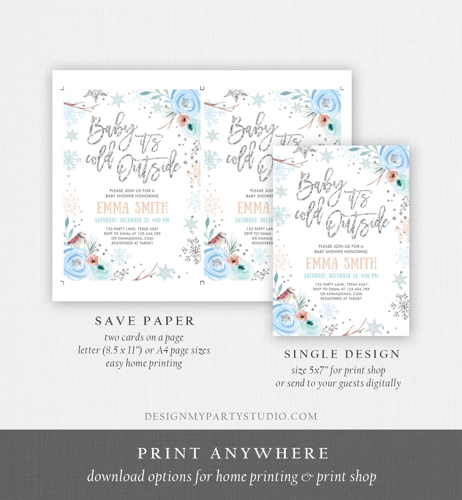 Editable Baby It's Cold Outside Winter Baby Shower Invitation Snowflakes Gender Neutral Boy Blue Template Instant Download Corjl 0256