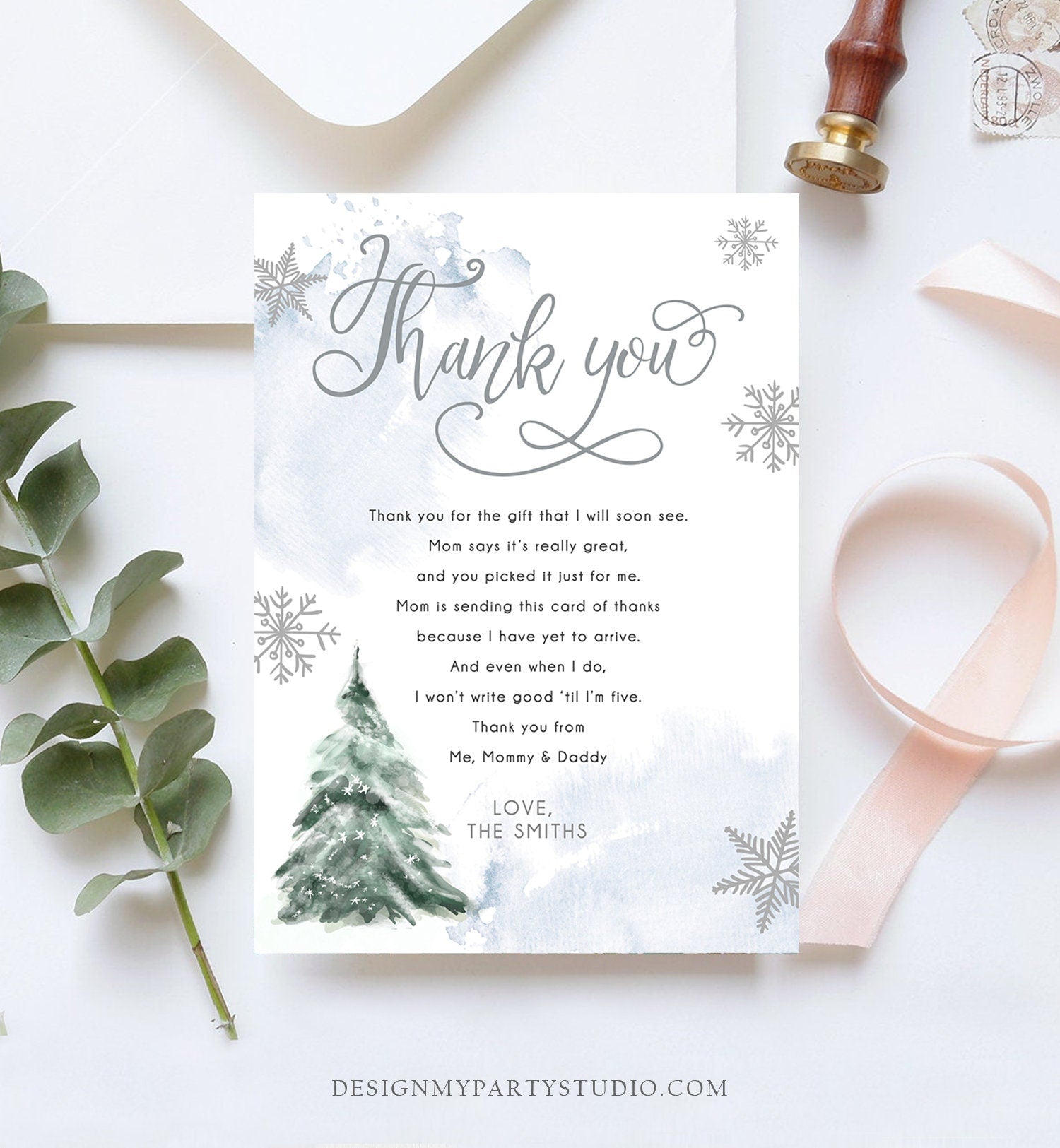 Editable Winter Tree Thank You Card Watercolor Baby Its Cold Outside Baby Shower Blue Boy Gender Neutral Snow Template Download Corjl 0363