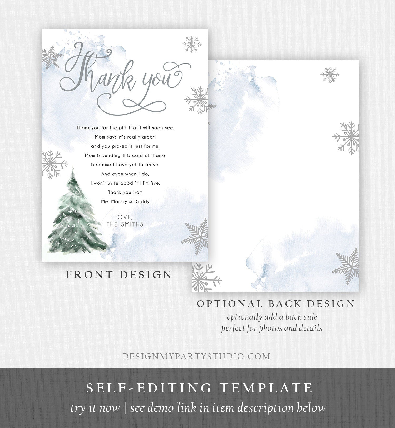 Editable Winter Tree Thank You Card Watercolor Baby Its Cold Outside Baby Shower Blue Boy Gender Neutral Snow Template Download Corjl 0363