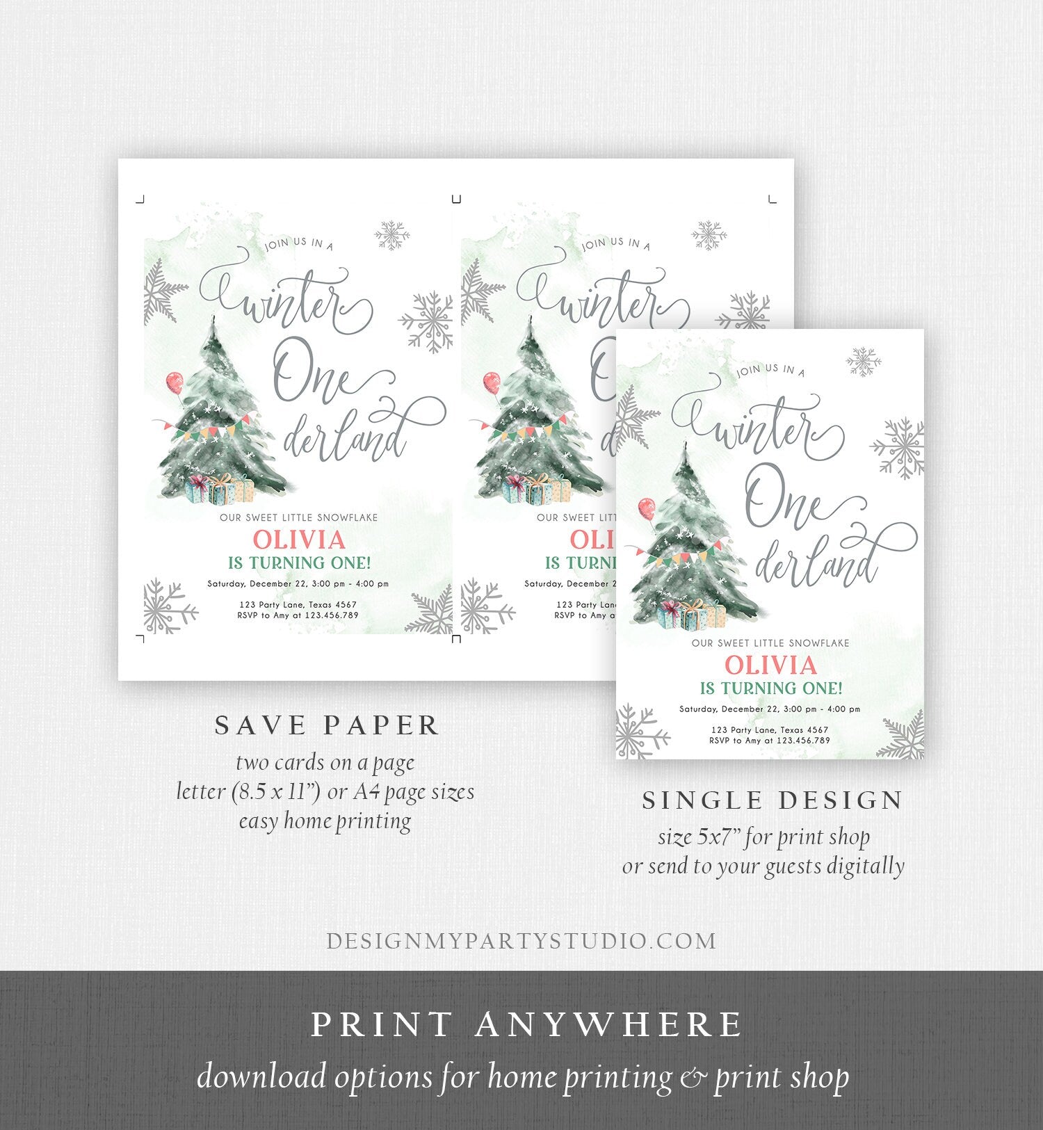 Editable Winter ONEderland Birthday Invitation First Birthday Boy Girl Neutral Snow Watercolor Tree Christmas Snowflake Corjl Template 0363