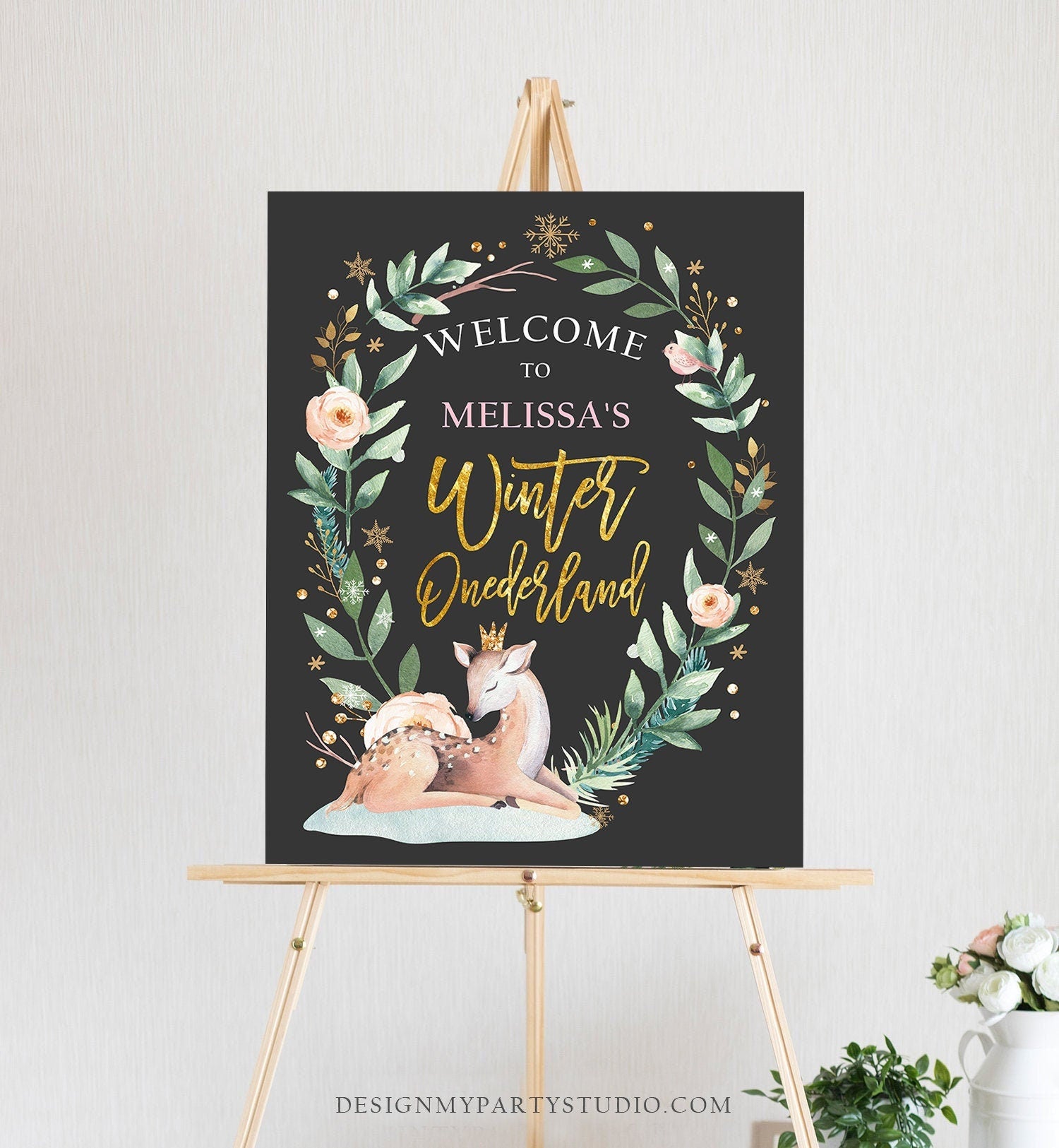 Editable Winter Deer Birthday Welcome Sign Winter Onederland Girl Pink Gold Christmas Snow Party Holiday Sign Template PRINTABLE Corjl 0265