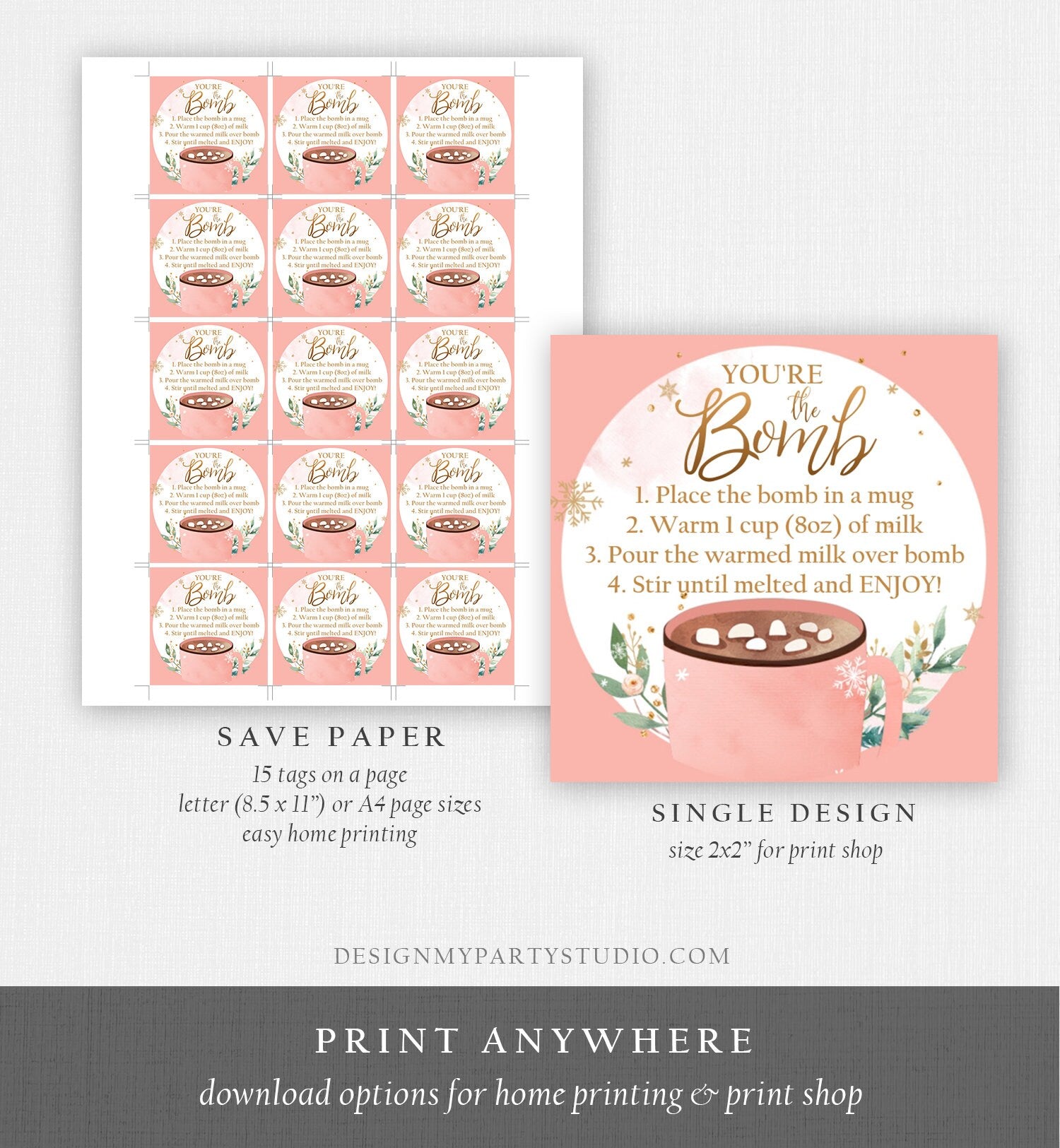 Editable Hot Chocolate Bomb Tags Bomb Instructions Cookies and Cocoa Favor Tags Winter Christmas You're The Bomb Digital PRINTABLE 0353