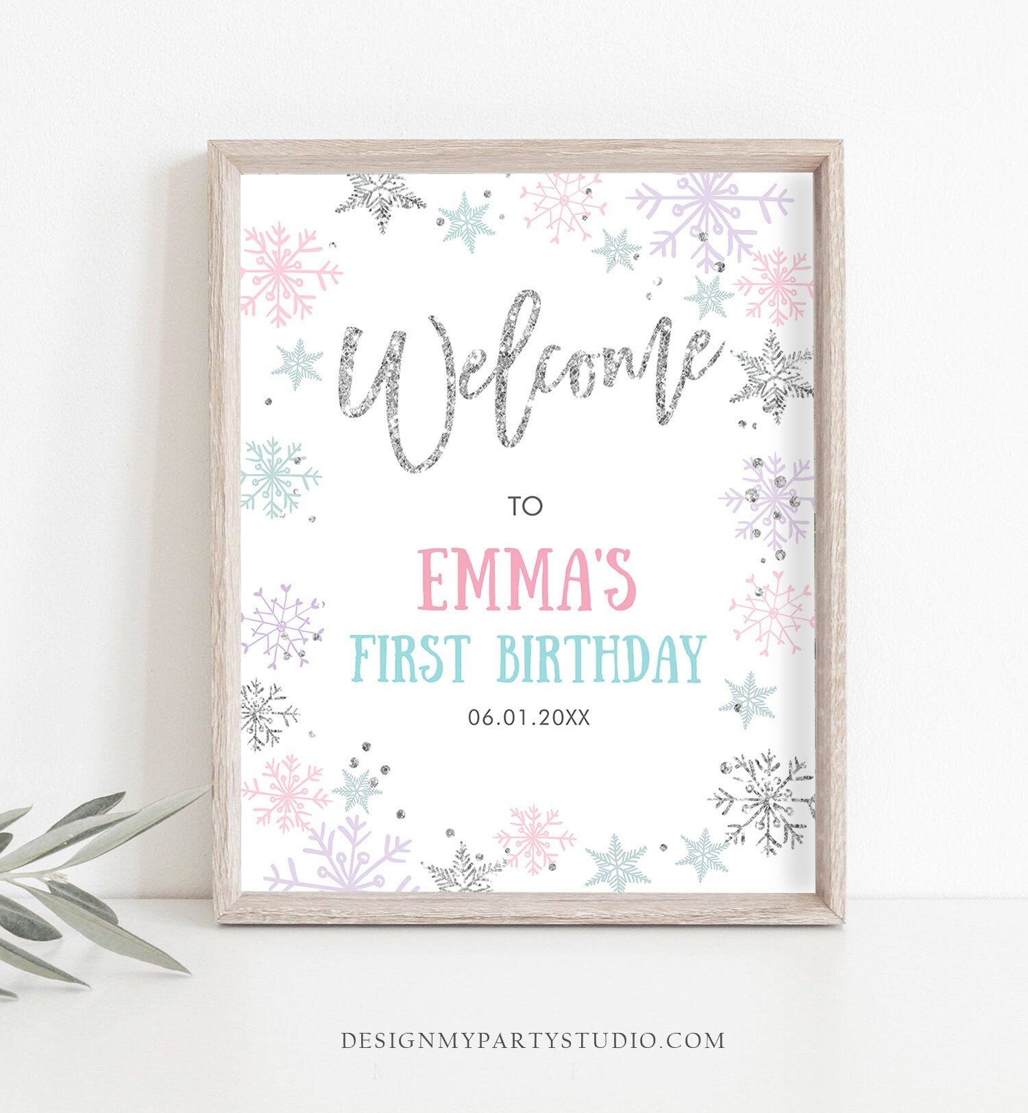 Editable Winter Onederland Welcome Sign First Birthday Girl Pink Silver Little Snowflake Floral Wonderland Corjl Template Printable 0256