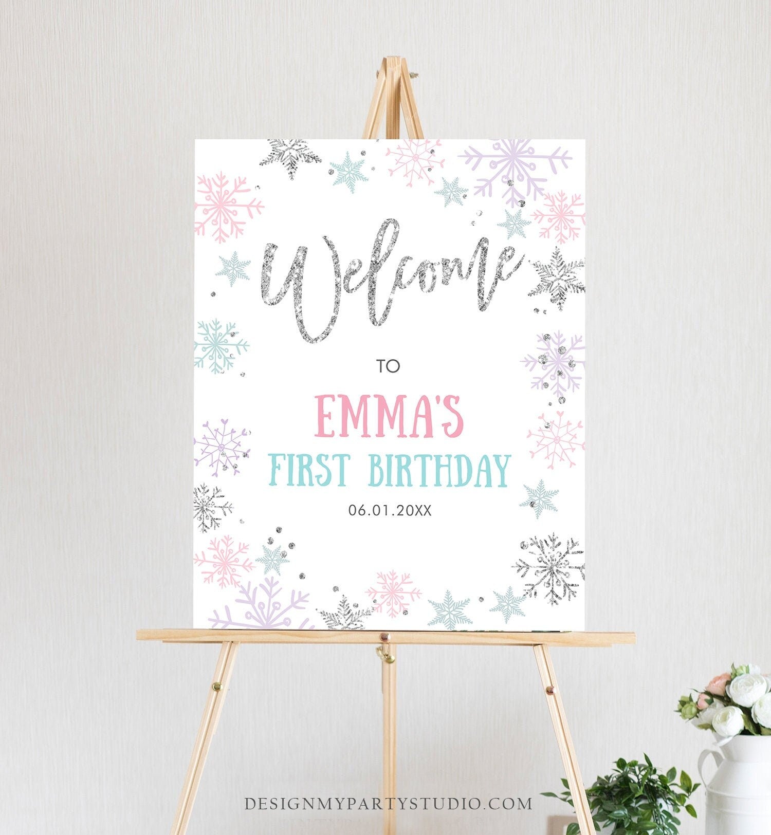 Editable Winter Onederland Welcome Sign First Birthday Girl Pink Silver Little Snowflake Floral Wonderland Corjl Template Printable 0256