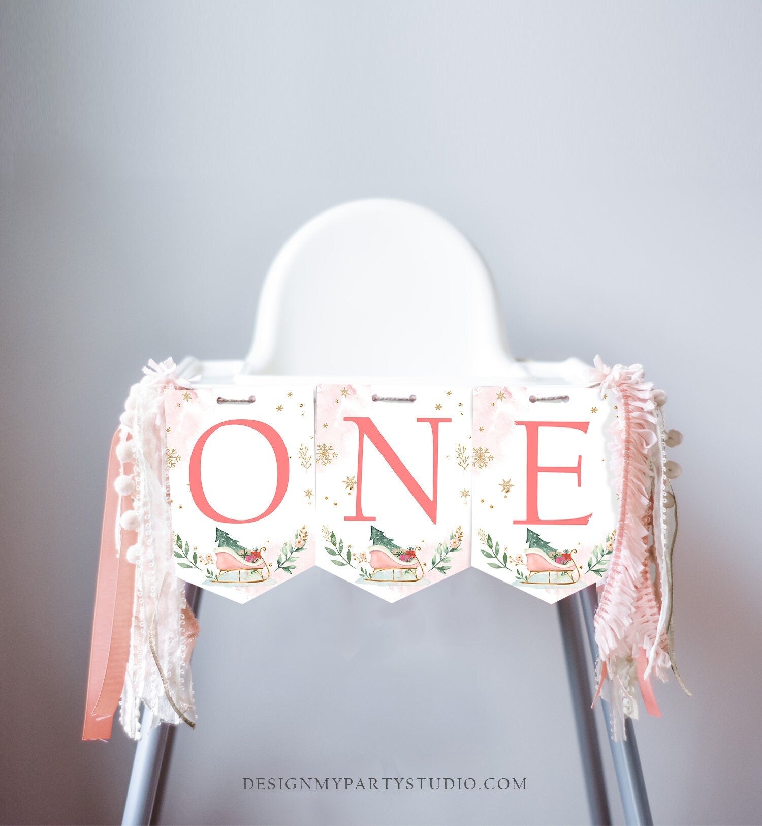 One High Chair Banner Winter Onederland Girl 1st First Birthday Pink Christmas Birthday Oh What Fun ONE Sleigh Decor PRINTABLE Digital 0353